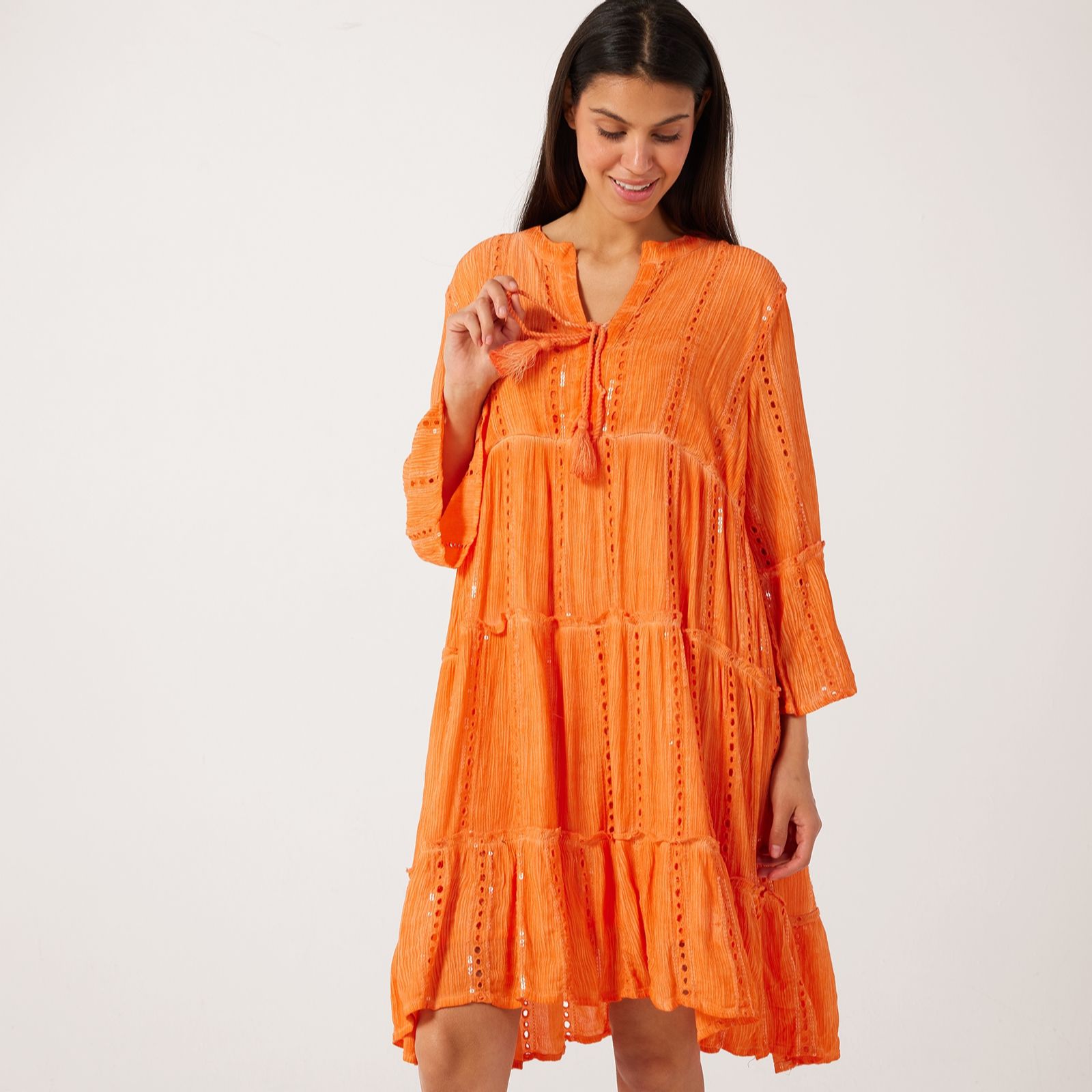 Izabel London Linen Blend Sequin Tiered Boho Dress