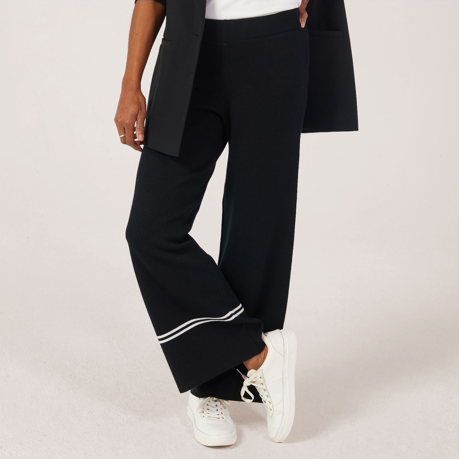 Nina Leonard Wide Leg Knit Trousers with Stripe