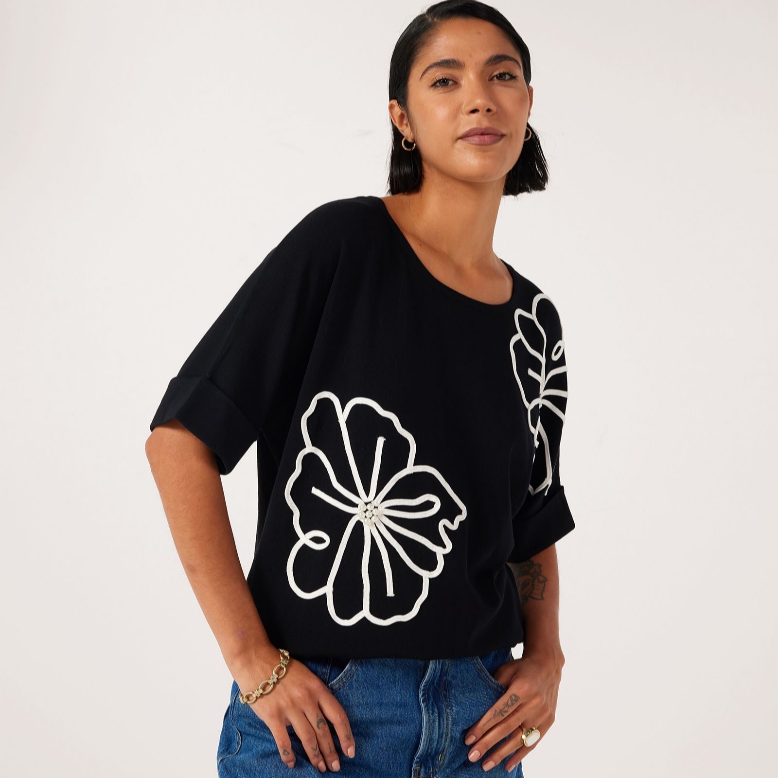 Frank Usher Linen Knit Top With Asymmetric Flower Design