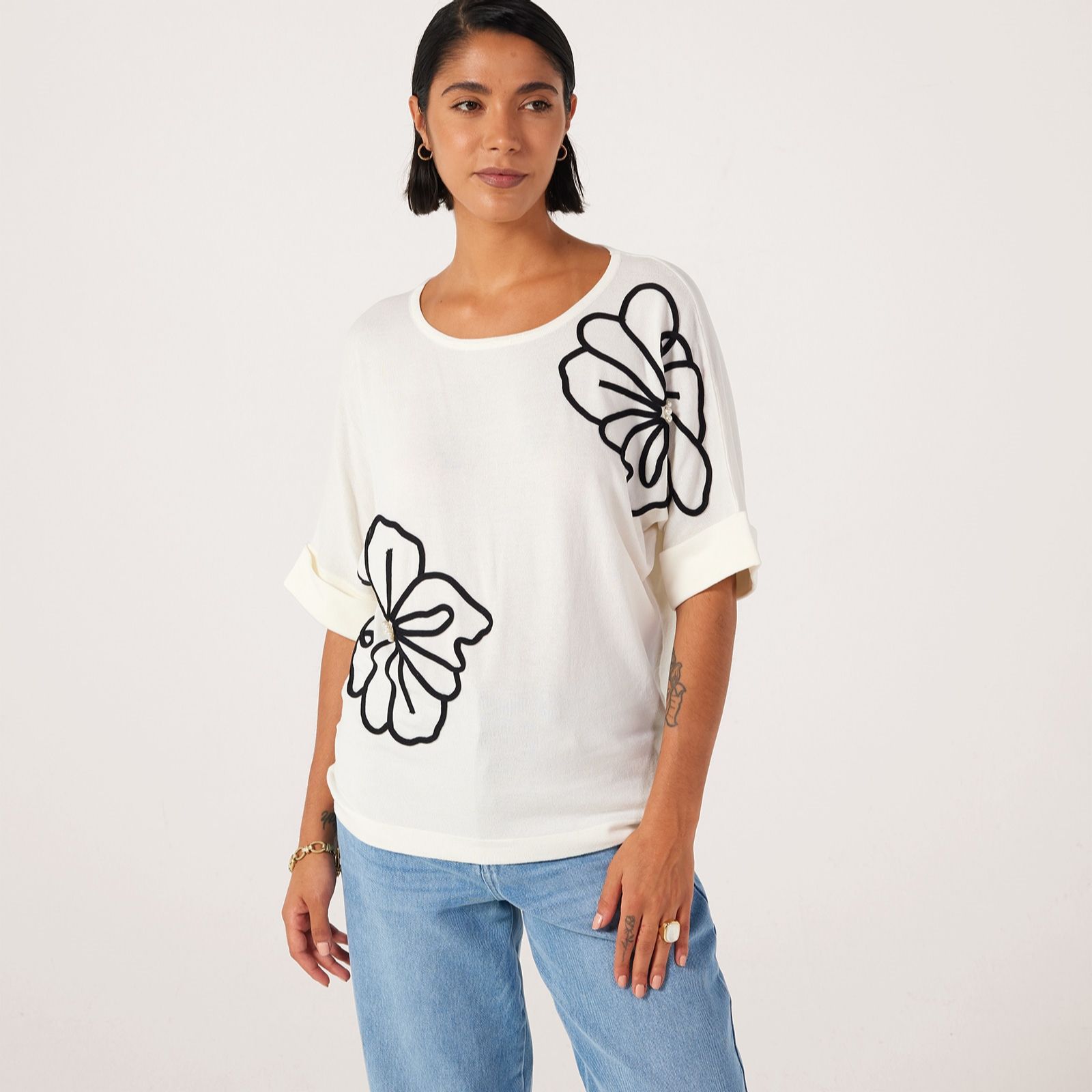 Frank Usher Linen Knit Top With Asymmetric Flower Design