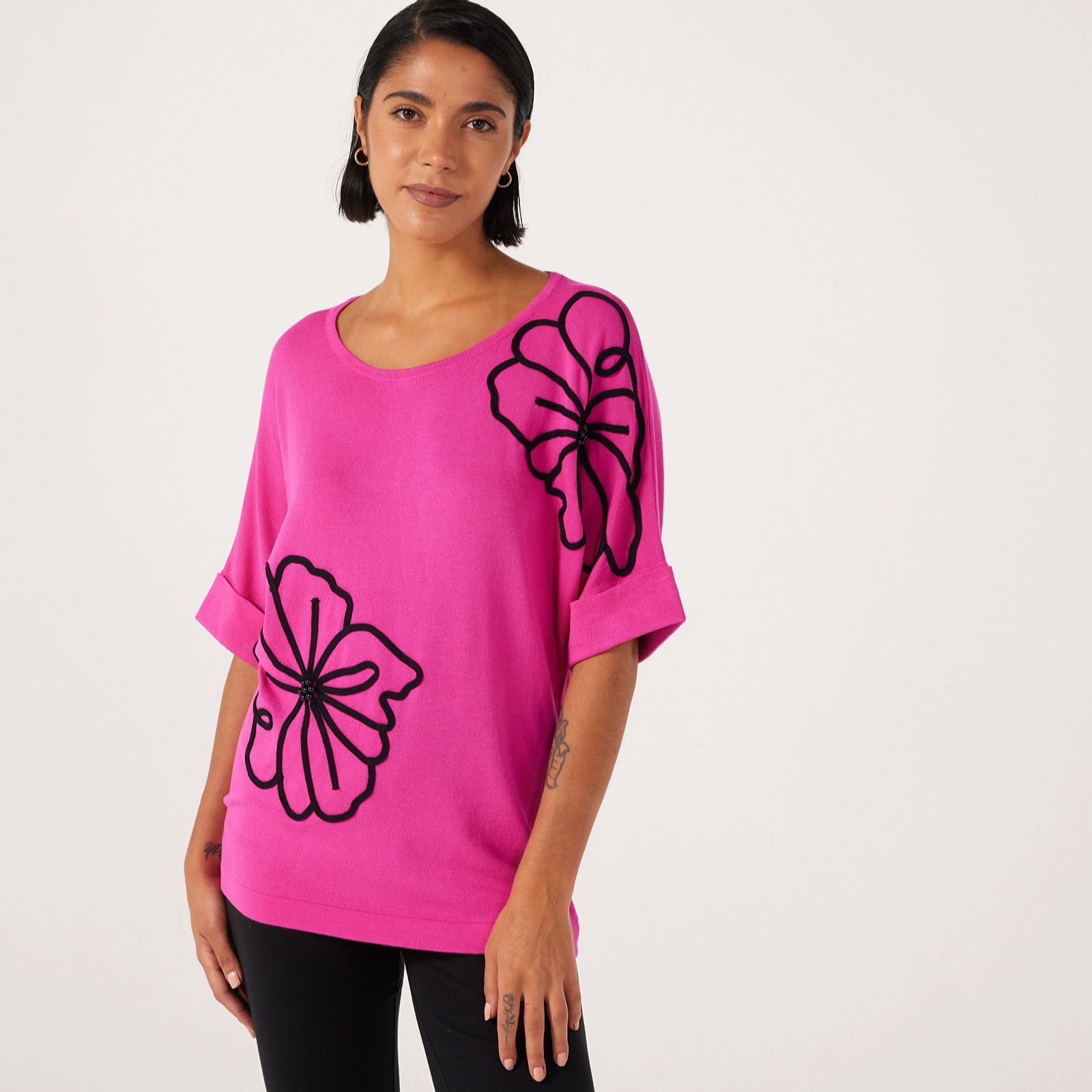 Frank Usher Knit Top With Asymmetric Flower Design