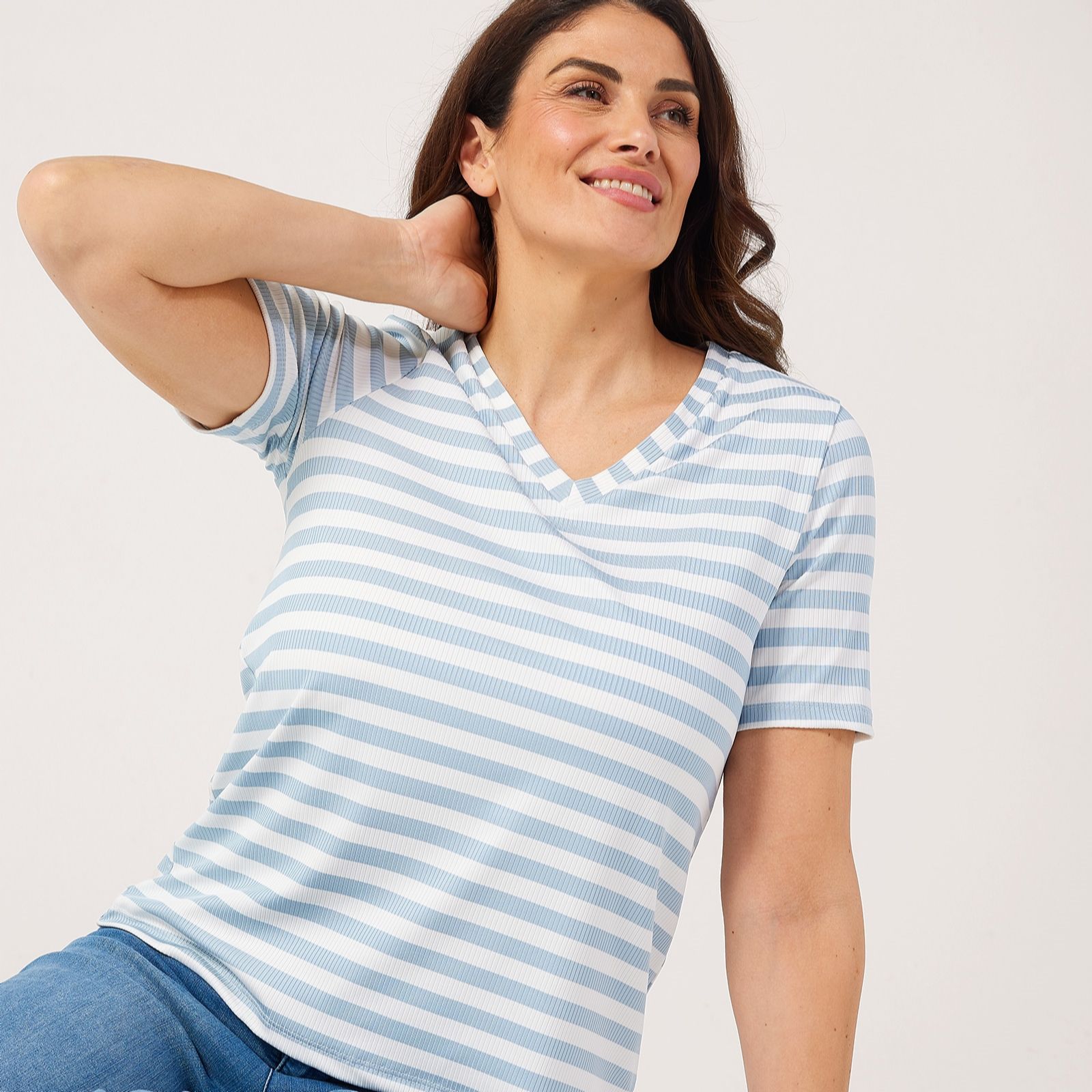 Kim & Co Silky Rib Knit Short Sleeve V-Neck Top