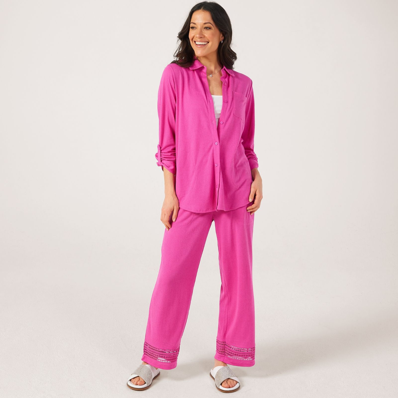 Denim & Co. Beach Knit Linen Blend Button Front Shirt