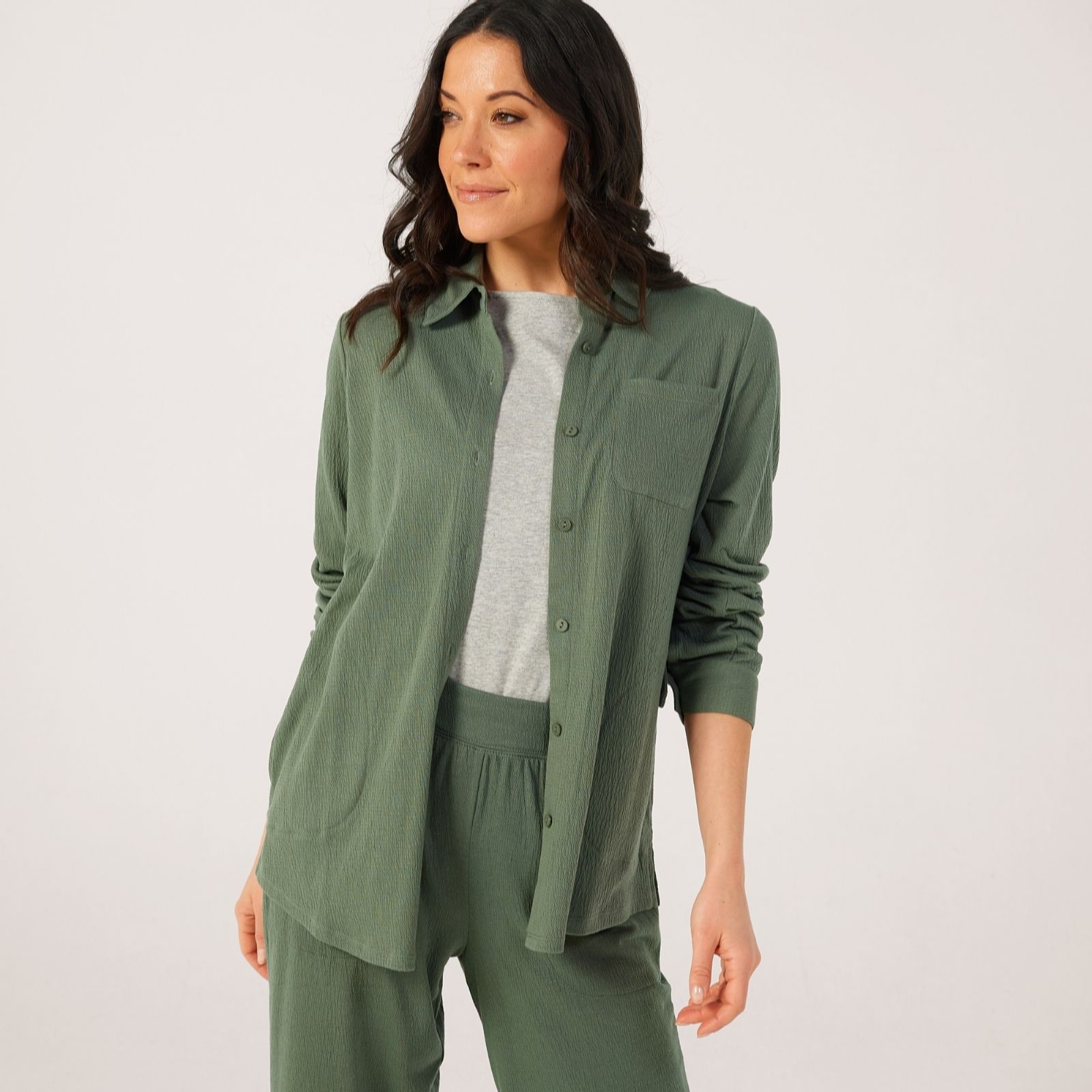 Denim & Co. Beach Knit Linen Blend Button Front Shirt