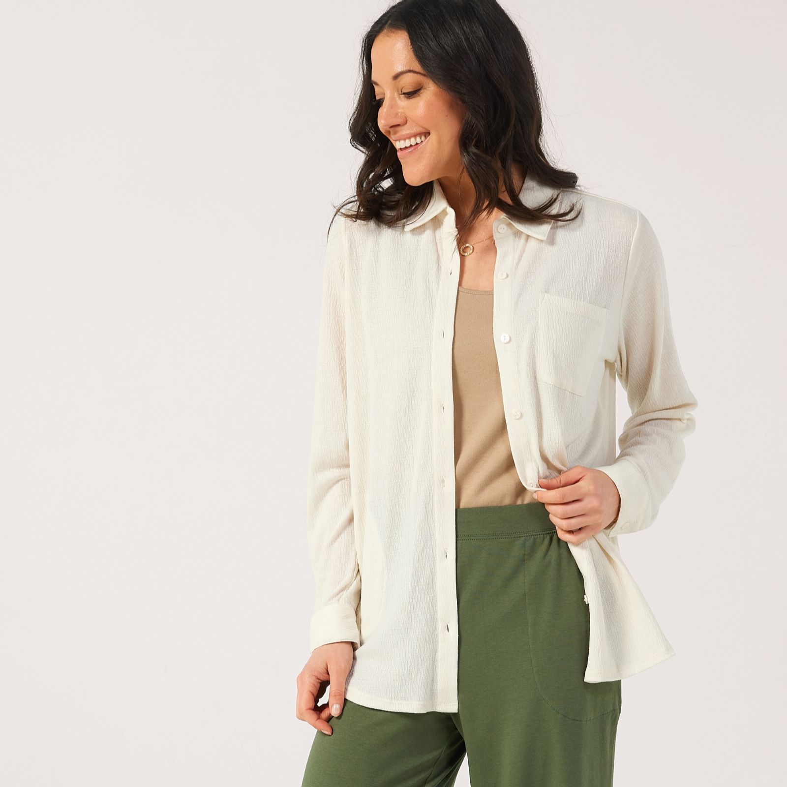 Denim & Co. Beach Knit Linen Blend Button Front Shirt