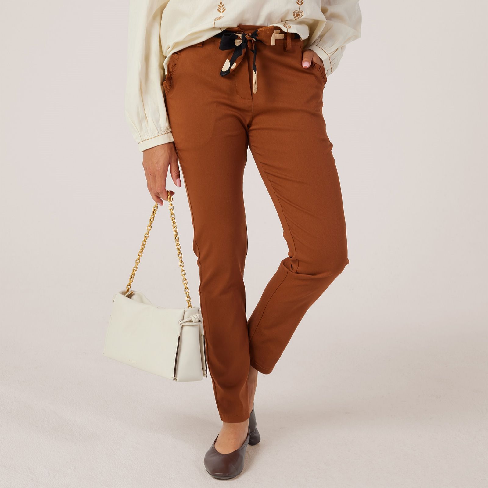 Izabel London Cropped Stretch Trousers with Scarf Belt