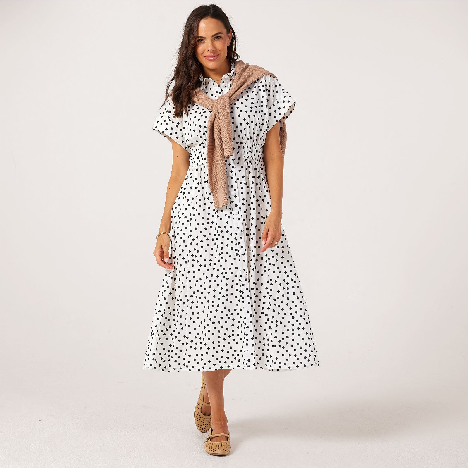 Helene Berman Gathered Stretch Waist Detail Midi Shirt Dress