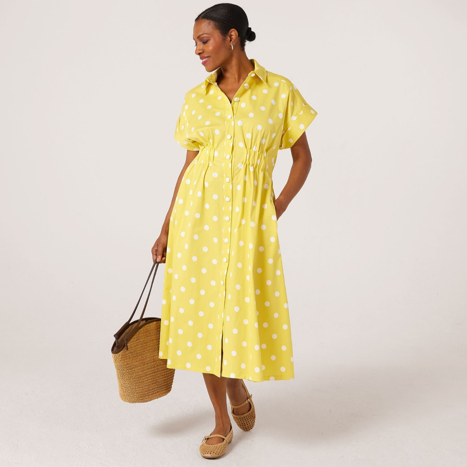 Helene Berman Gathered Stretch Waist Detail Midi Shirt Dress