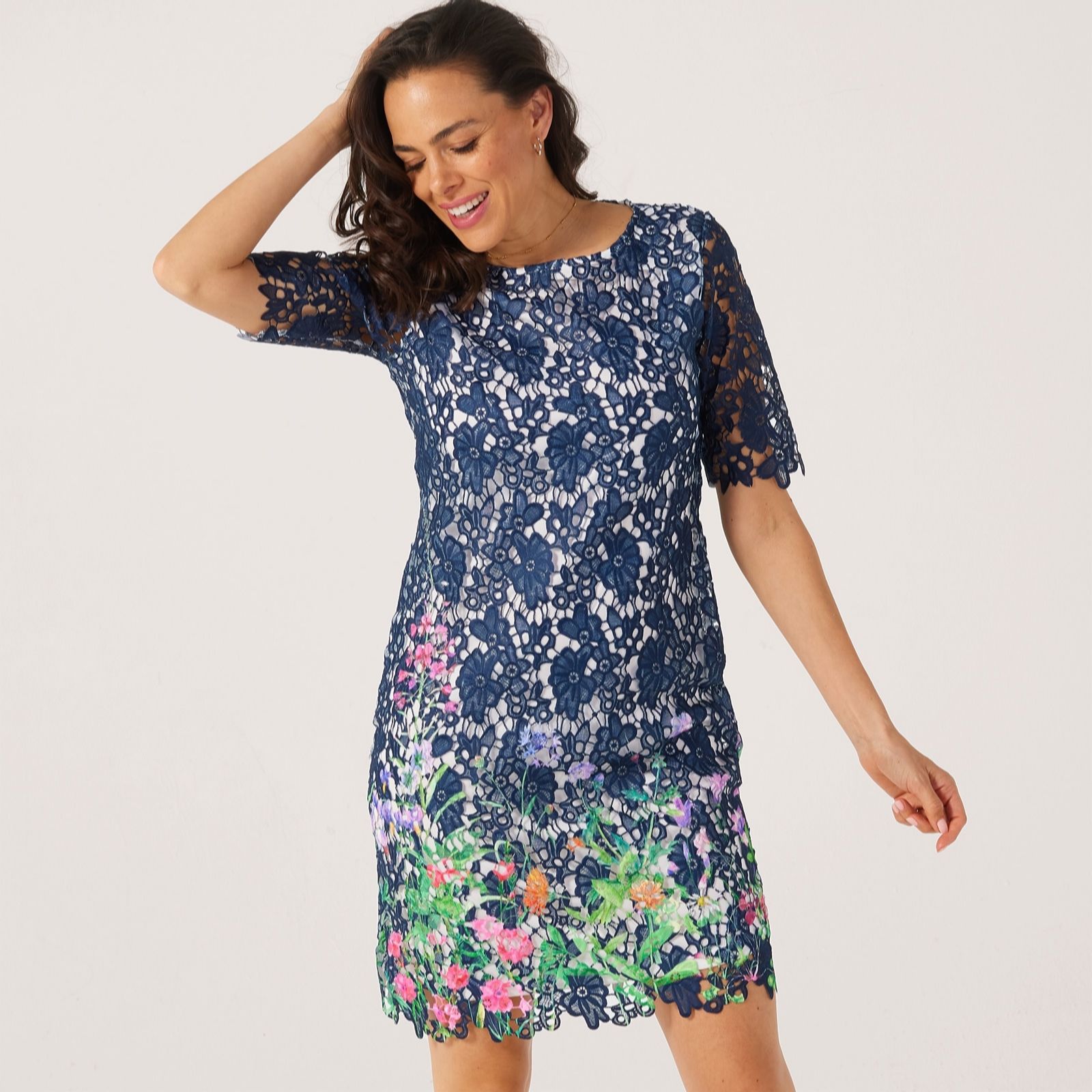 Nina Leonard Jewel Neck Elbow Sleeve Lace Sheath Dress