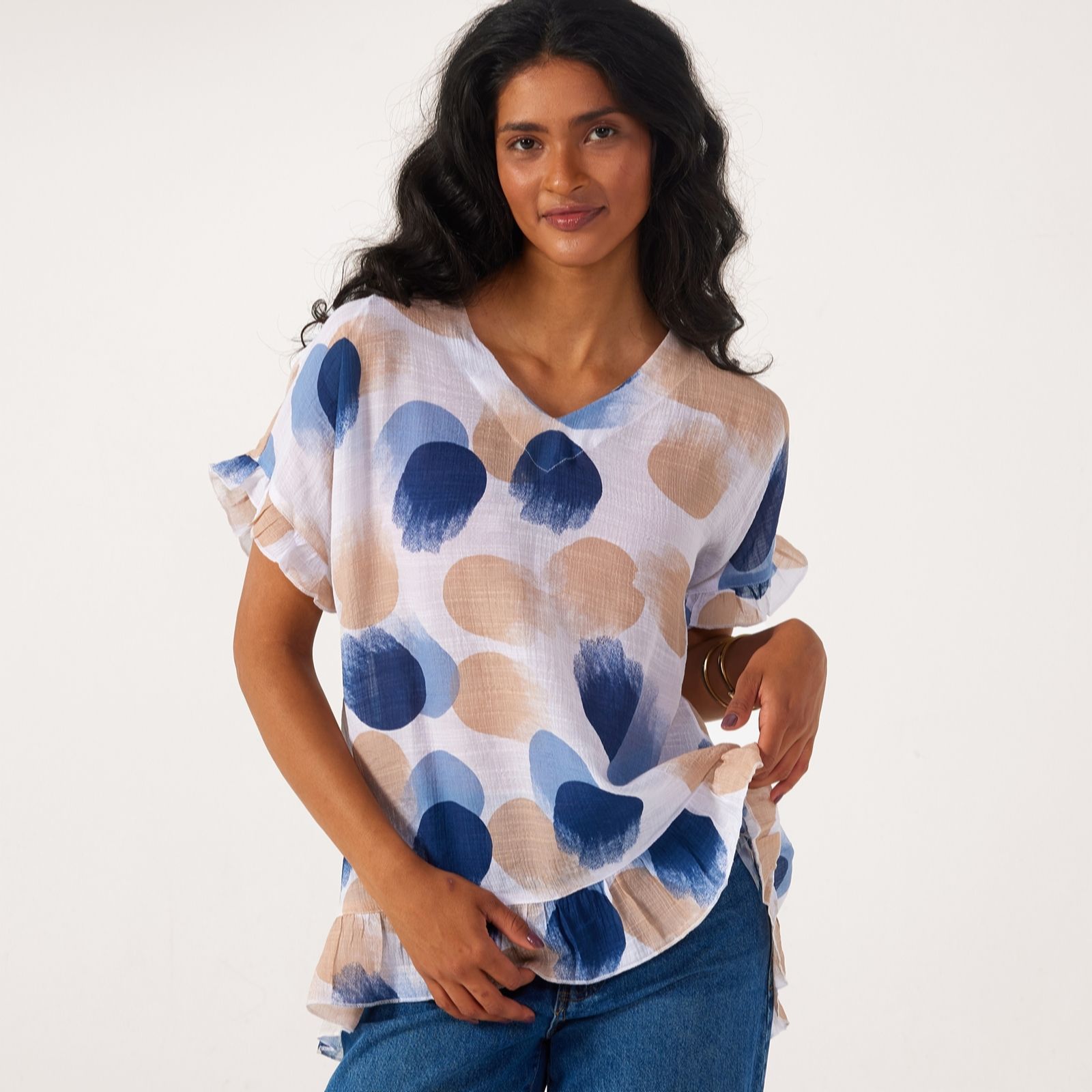 Frank Usher Frill Hemline V Neck Printed Woven Top