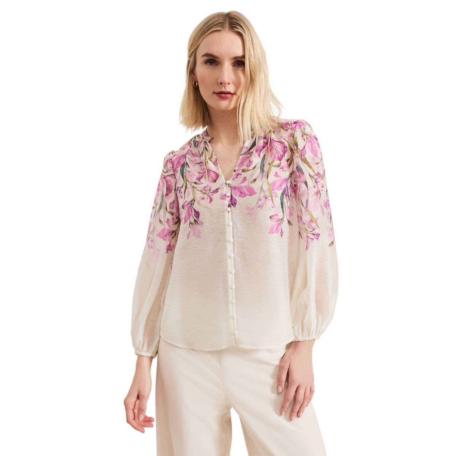 Phase Eight Gisela Pink Linen Placement Floral Shirt
