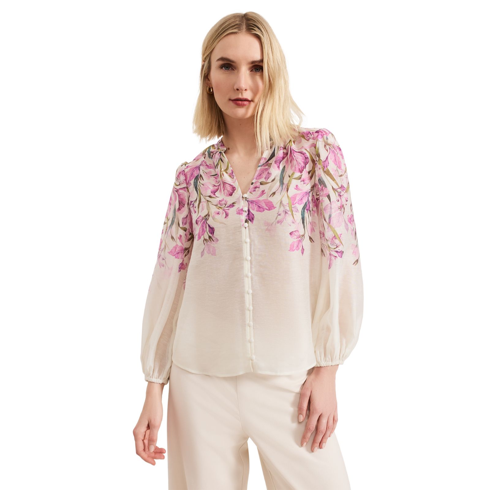 Phase Eight Gisela Pink Linen Placement Floral Shirt