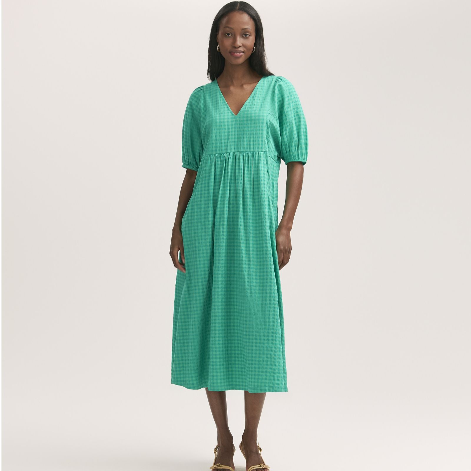 Finery London Chloe Cotton Viscose Mix Seersucker Puff Sleeve Dress