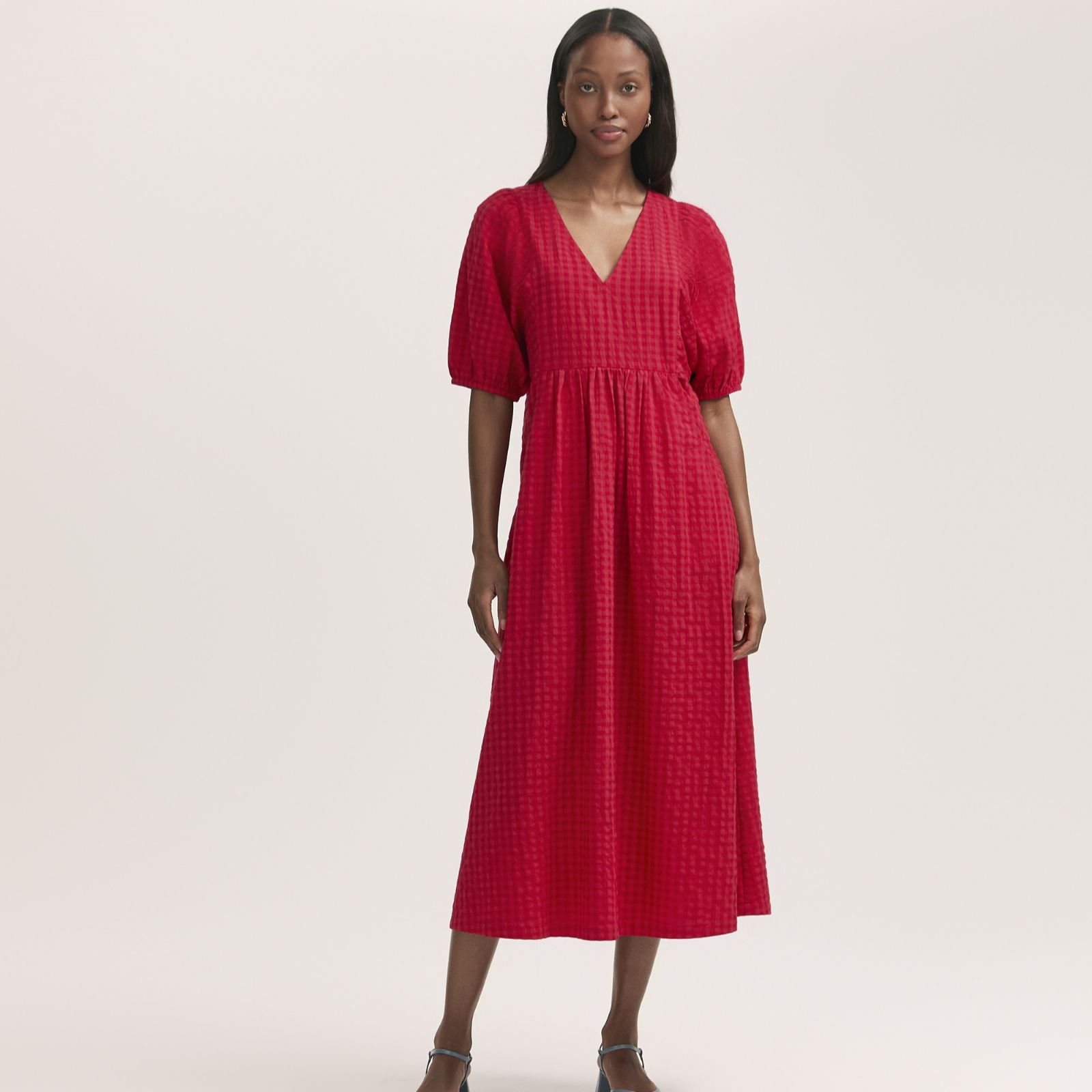 Finery London Chloe Cotton Viscose Mix Seersucker Puff Sleeve Dress