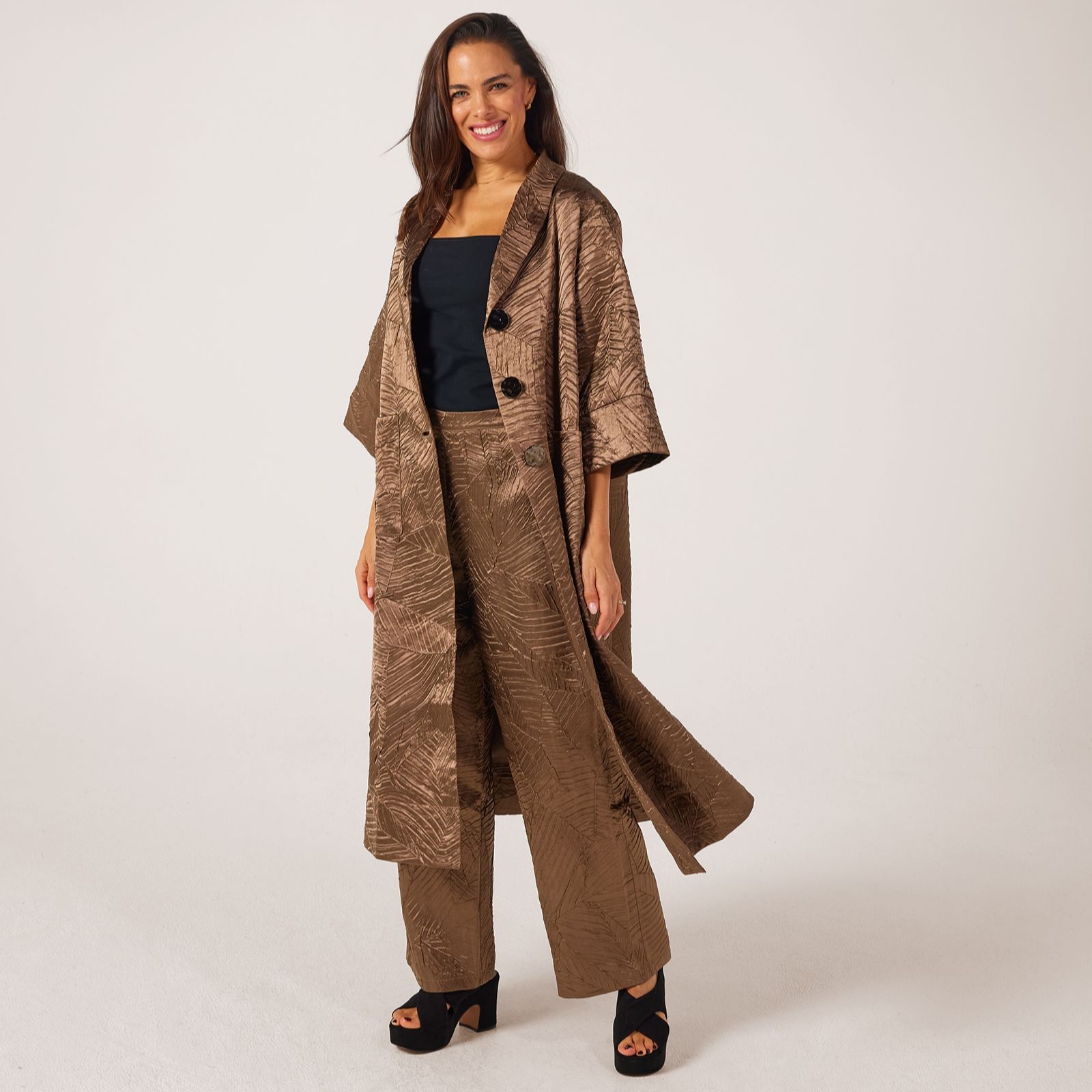 Frank Usher Long Textured Sateen Woven Light Jacket with Buttons