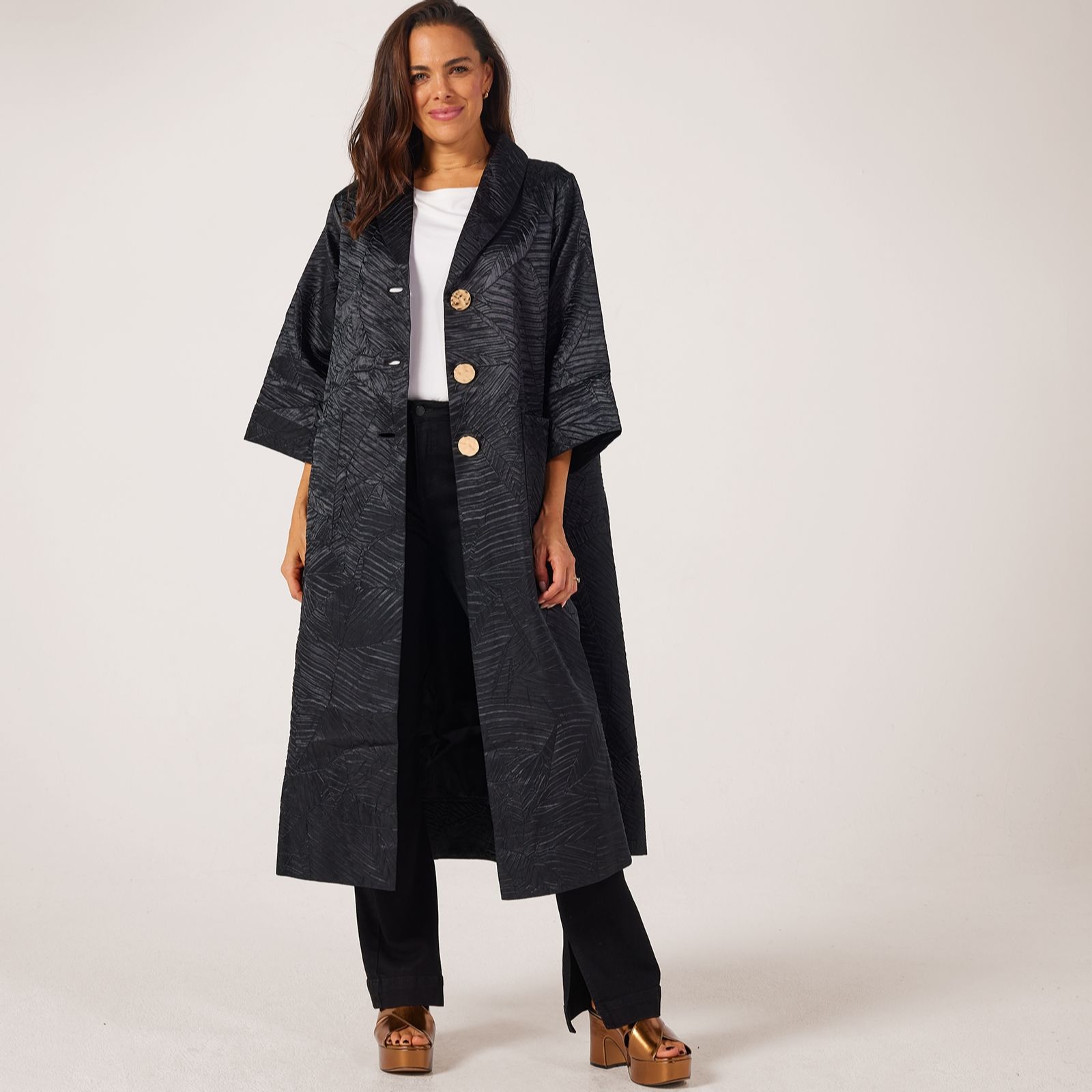 Frank Usher Long Textured Sateen Woven Light Jacket with Buttons