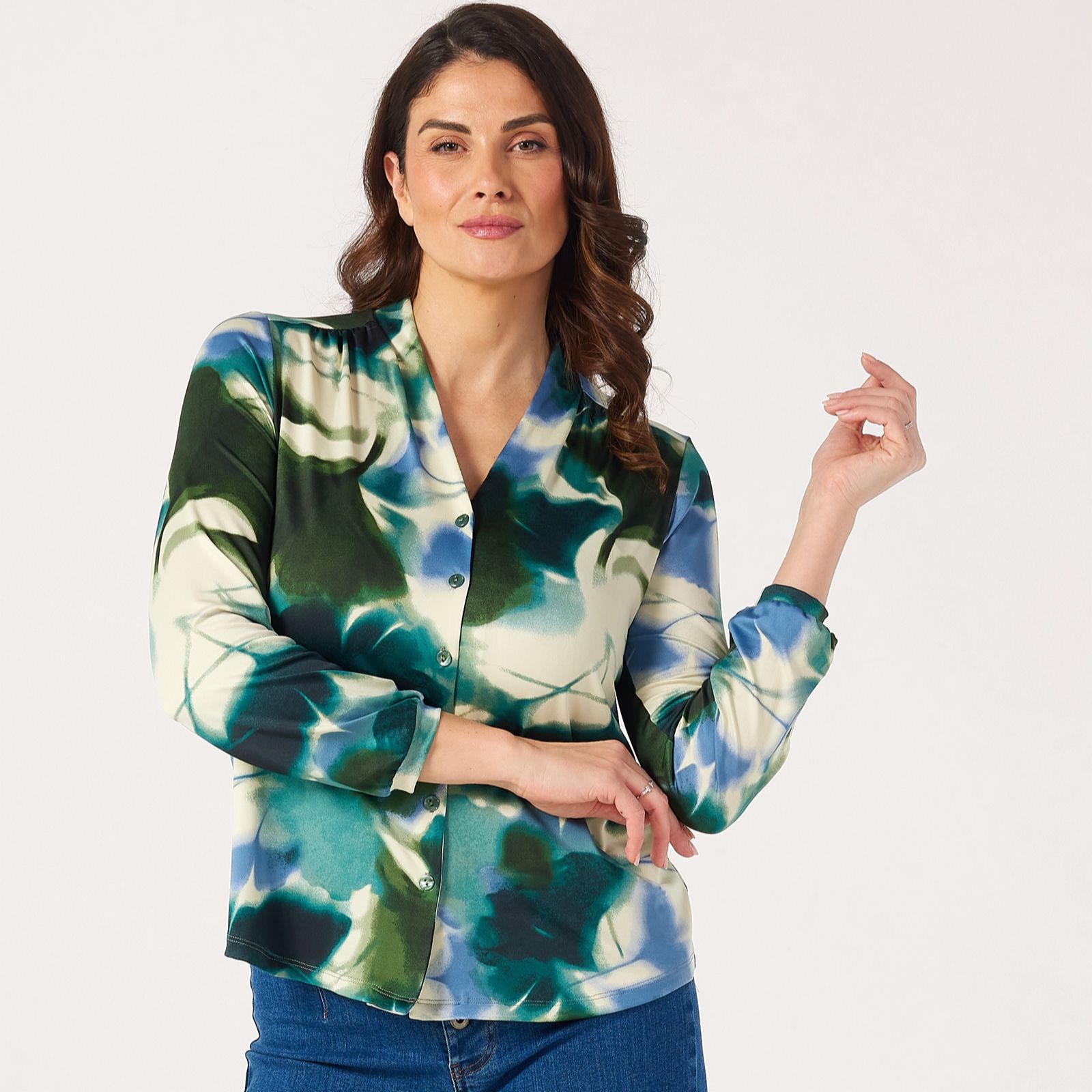 Kim & Co Printed Brazil Jersey Long Blouson Sleeve Shirt