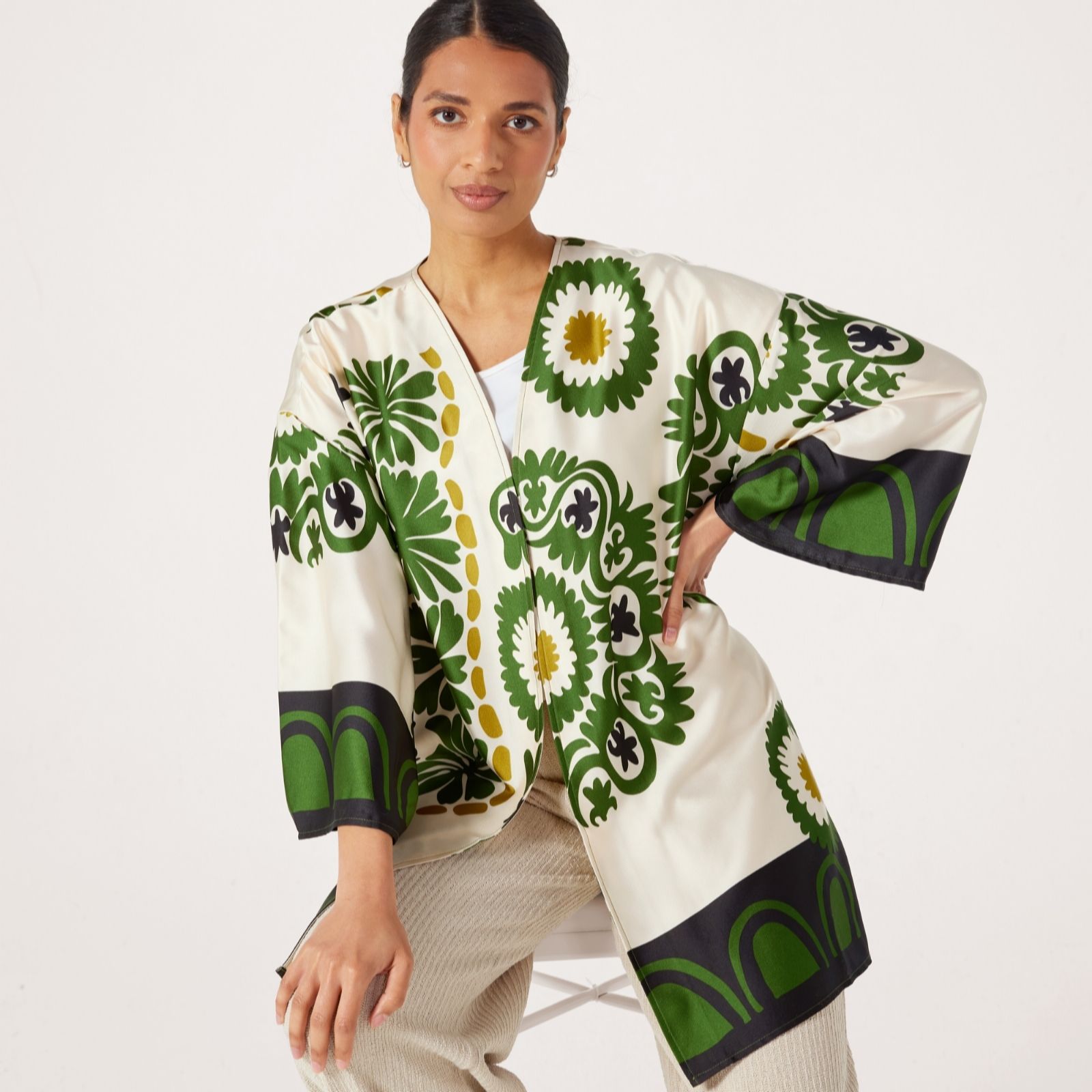  Malissa J 3/4 Sleeve Printed Kimono Jacket with Border
