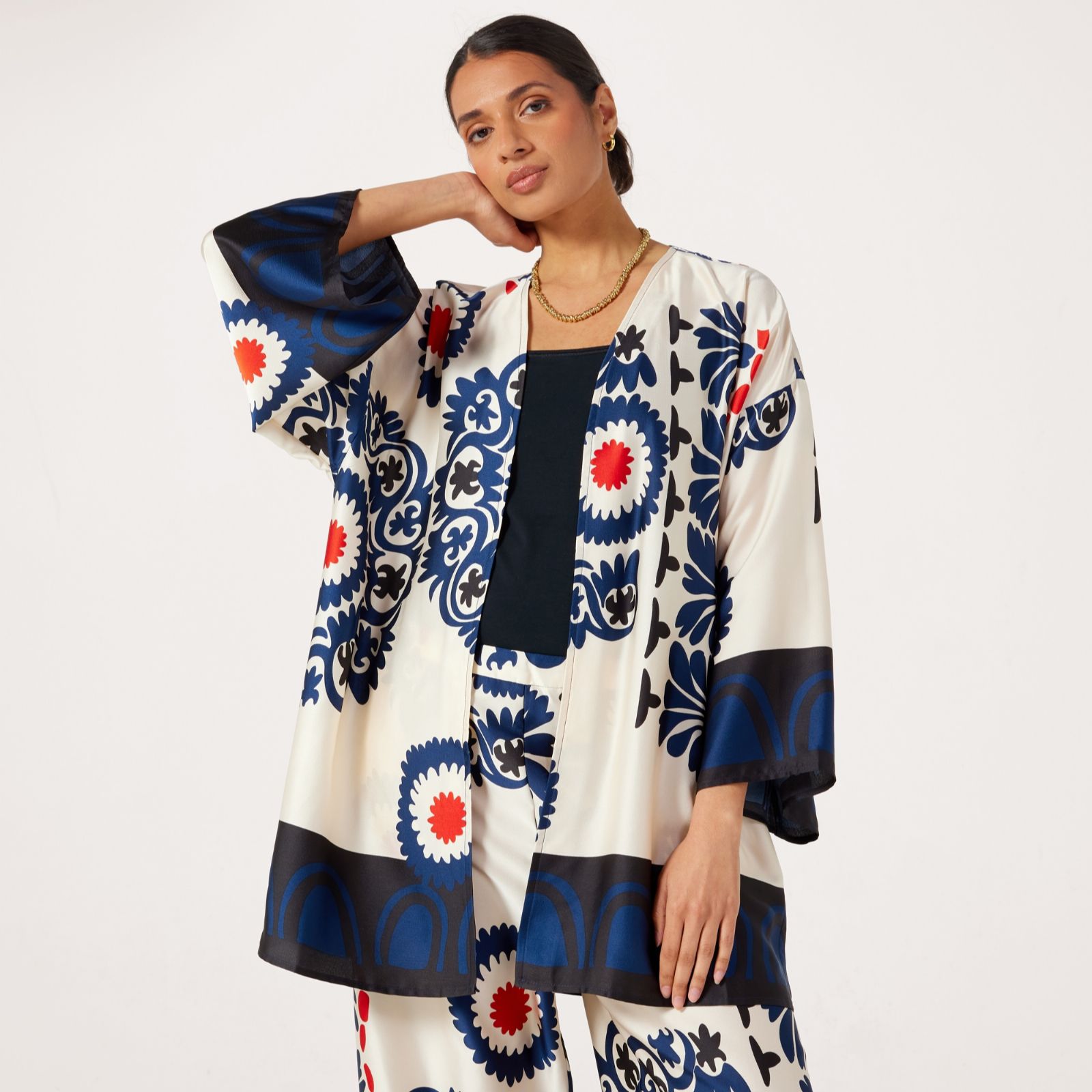 Malissa J 3/4 Sleeve Printed Kimono Jacket with Border