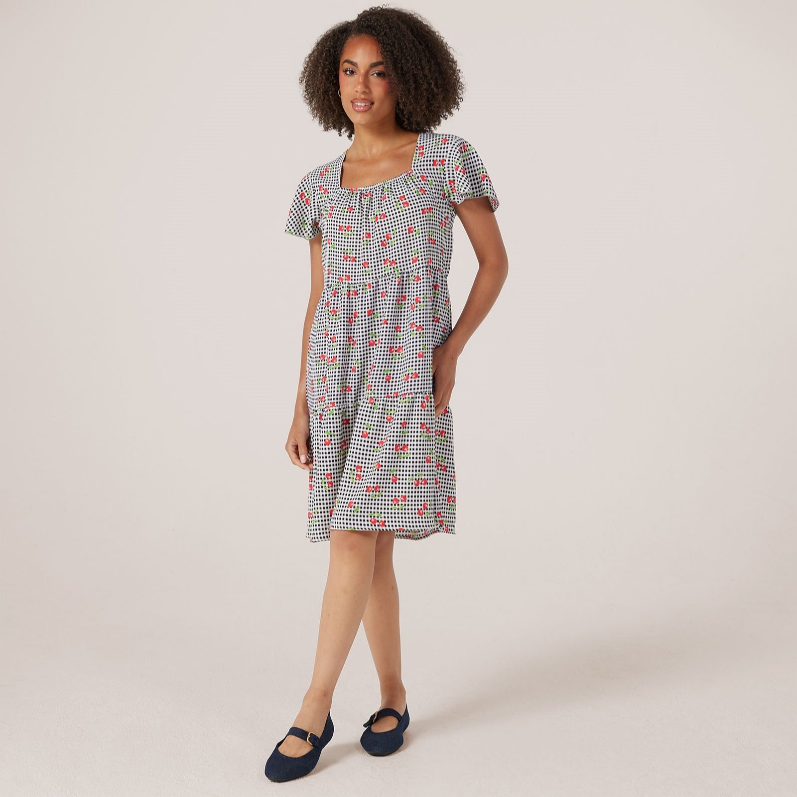 Kim & Co Printed Poplin Short Sleeve Tiered Dress