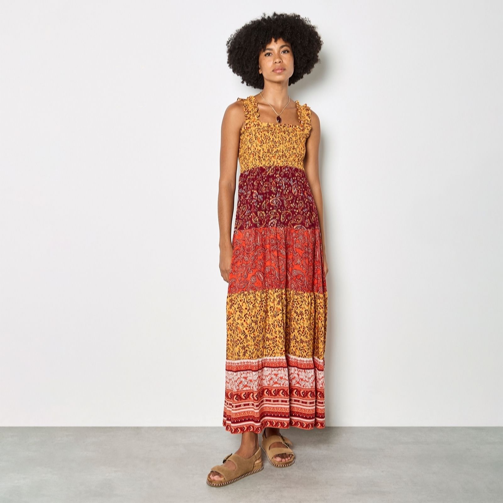 Apricot Patchwork Print Tiered Maxi Dress