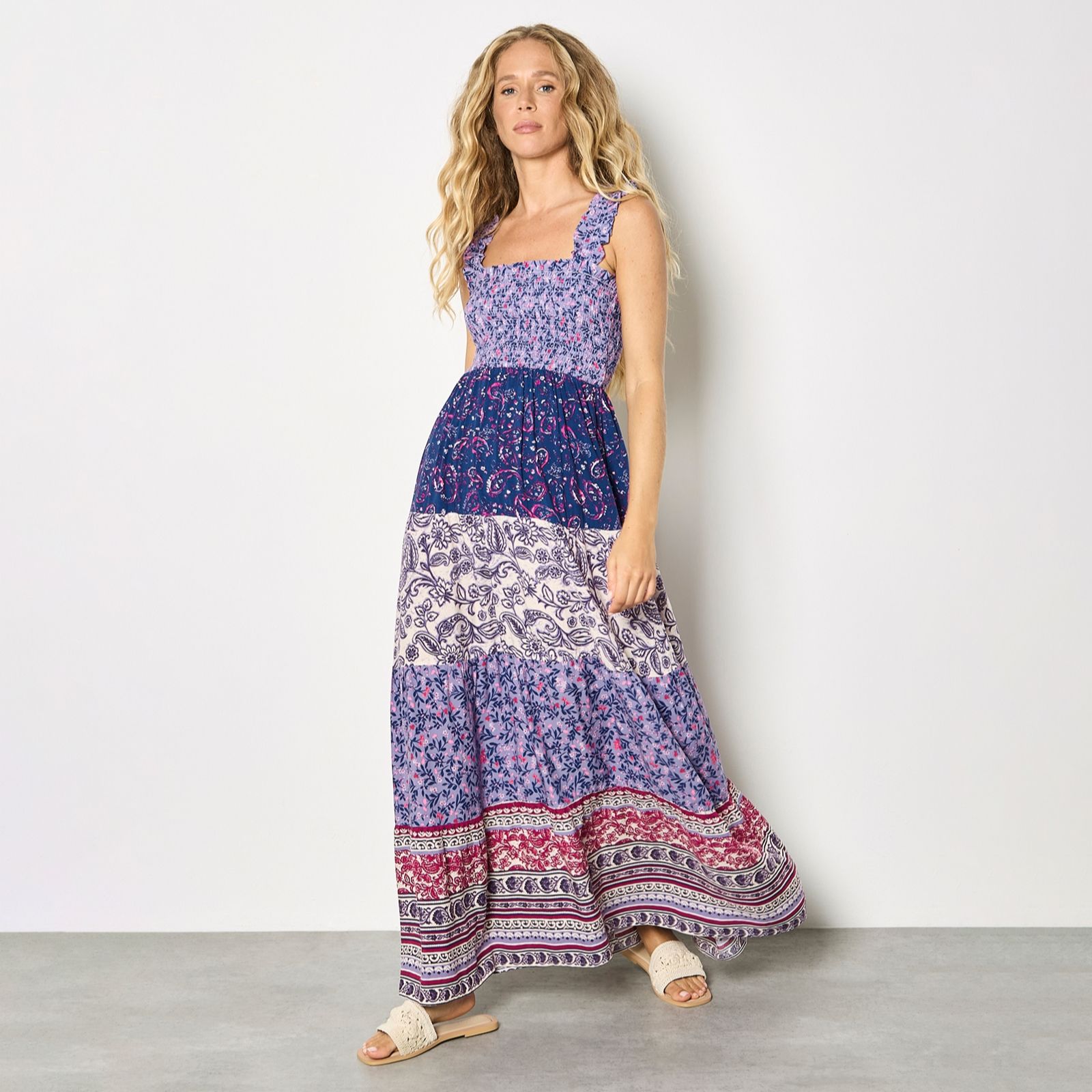 Apricot Patchwork Print Tiered Maxi Dress