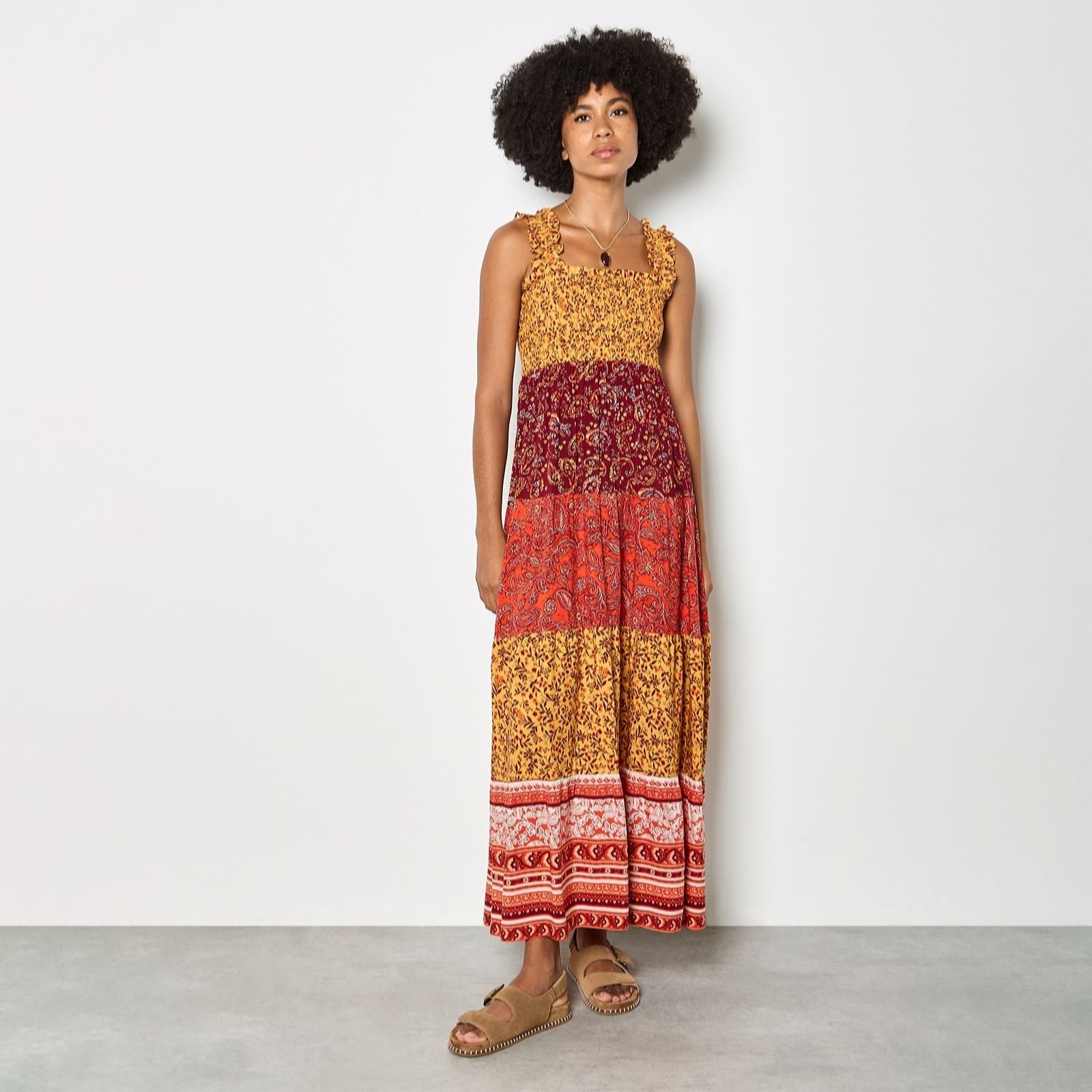 Apricot Patchwork Print Tiered Maxi Dress
