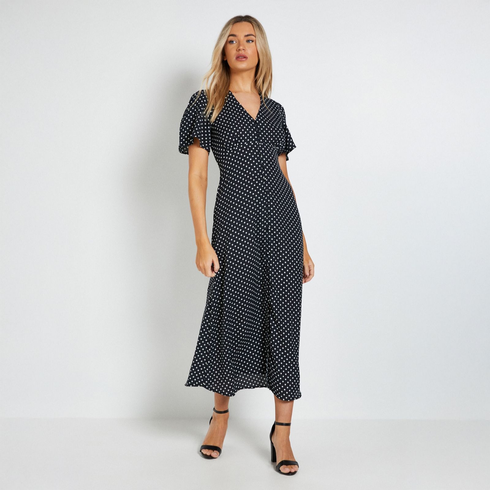 Dorothy Perkins Spot Button Through Flutter Sleeve Midi Dress