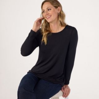 Kim & Co Fine Sweater Knit Long Sleeve Shell Stitch Neck Top