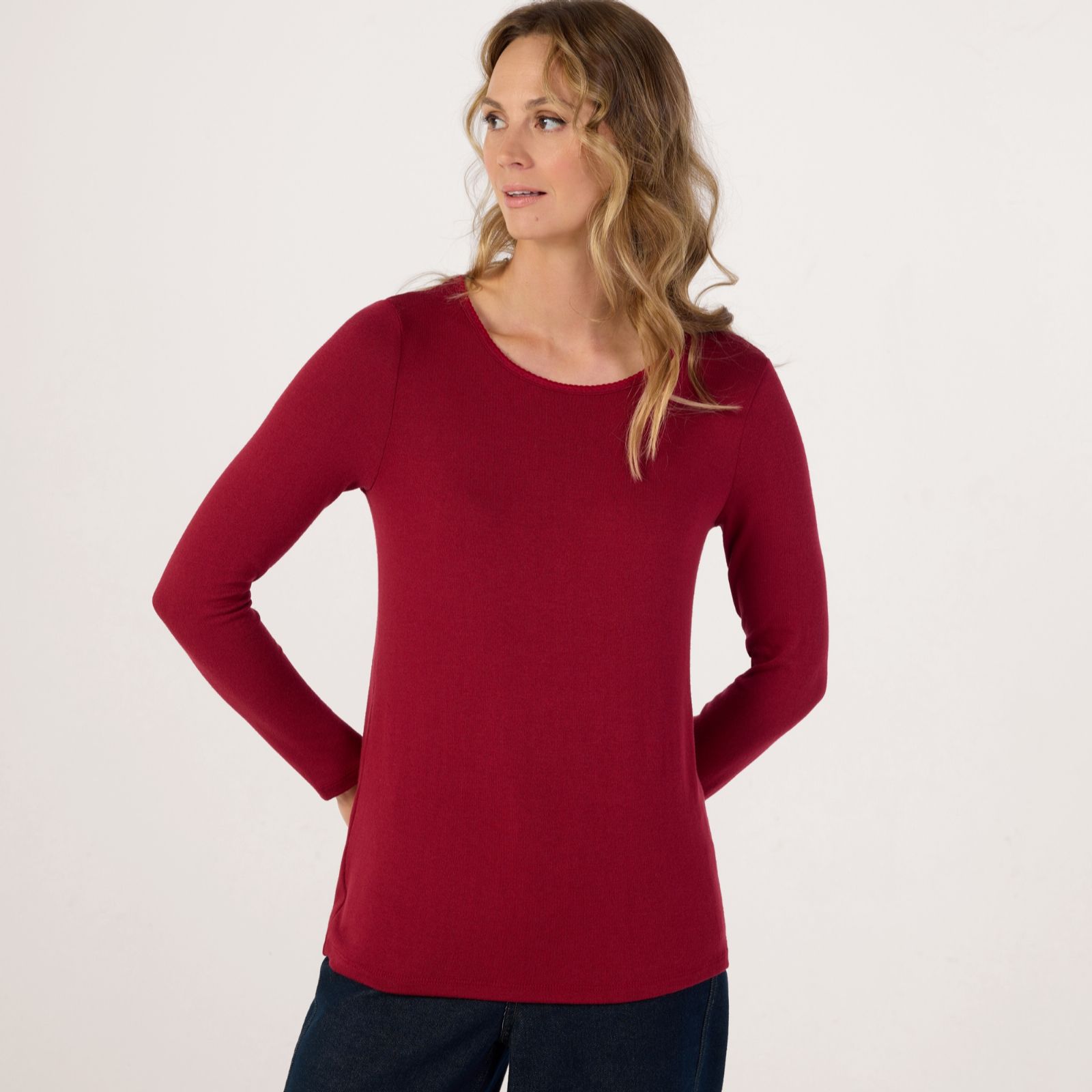 Kim & Co Fine Sweater Knit Long Sleeve Shell Stitch Neck Top