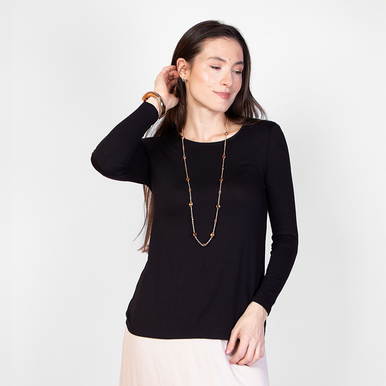 Kim & Co Fine Sweater Knit Long Sleeve Shell Stitch Neck Top
