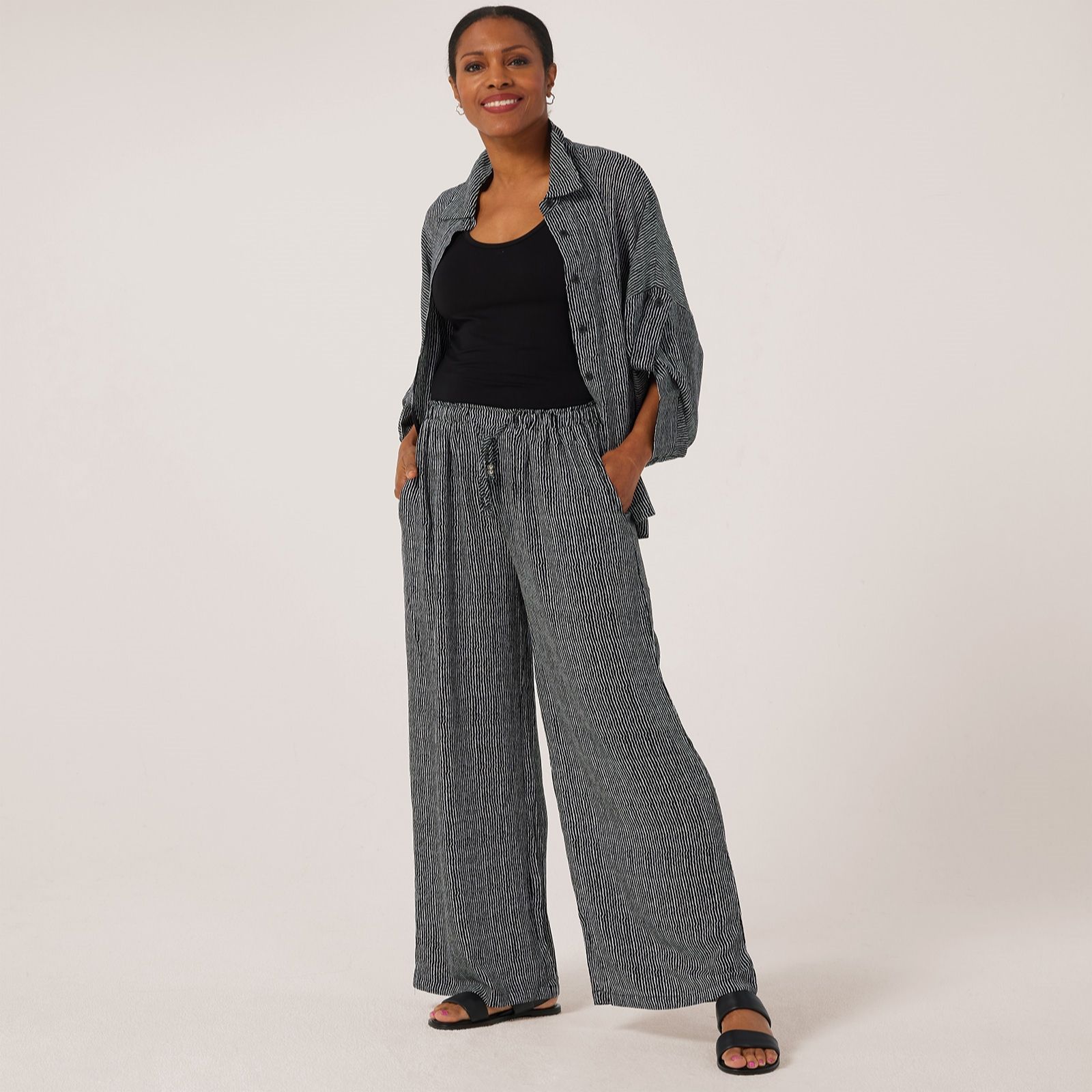 Malissa J Textured Woven Wide Leg Trouser Elastic Waist