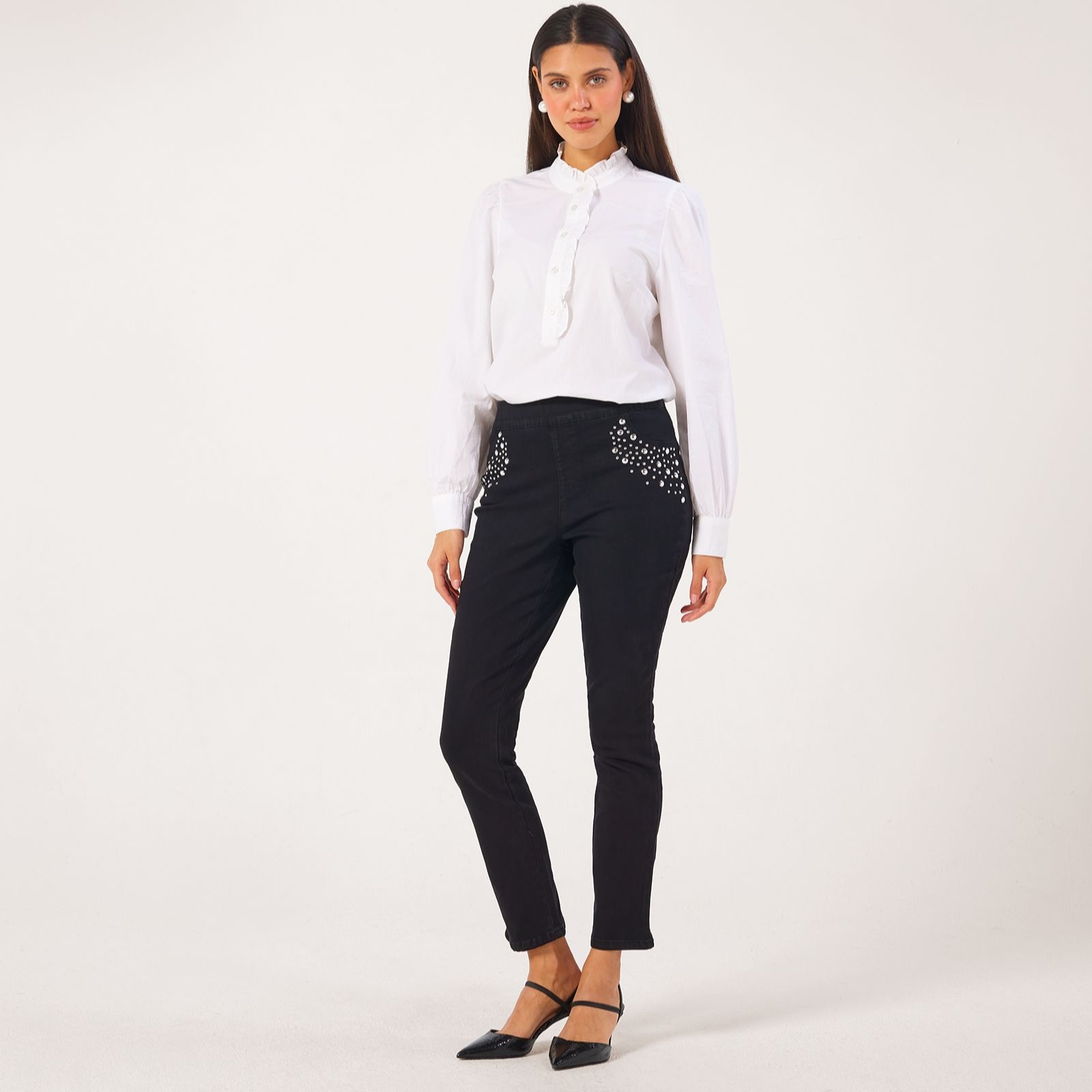 Nina Leonard Narrow Leg Denim Trousers with Studs Petite