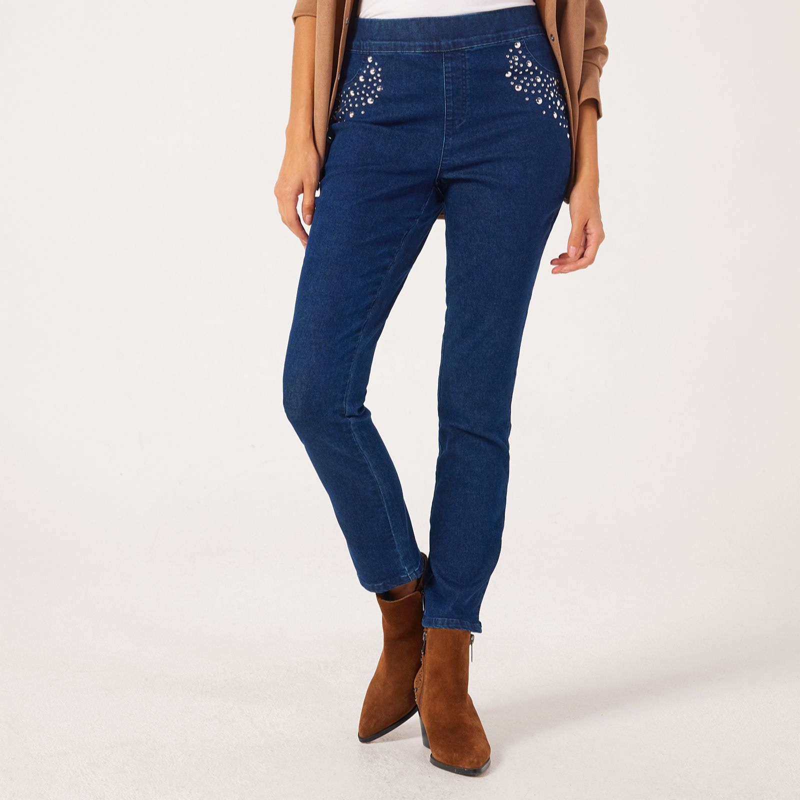 Nina Leonard Narrow Leg Denim Trousers with Studs Petite