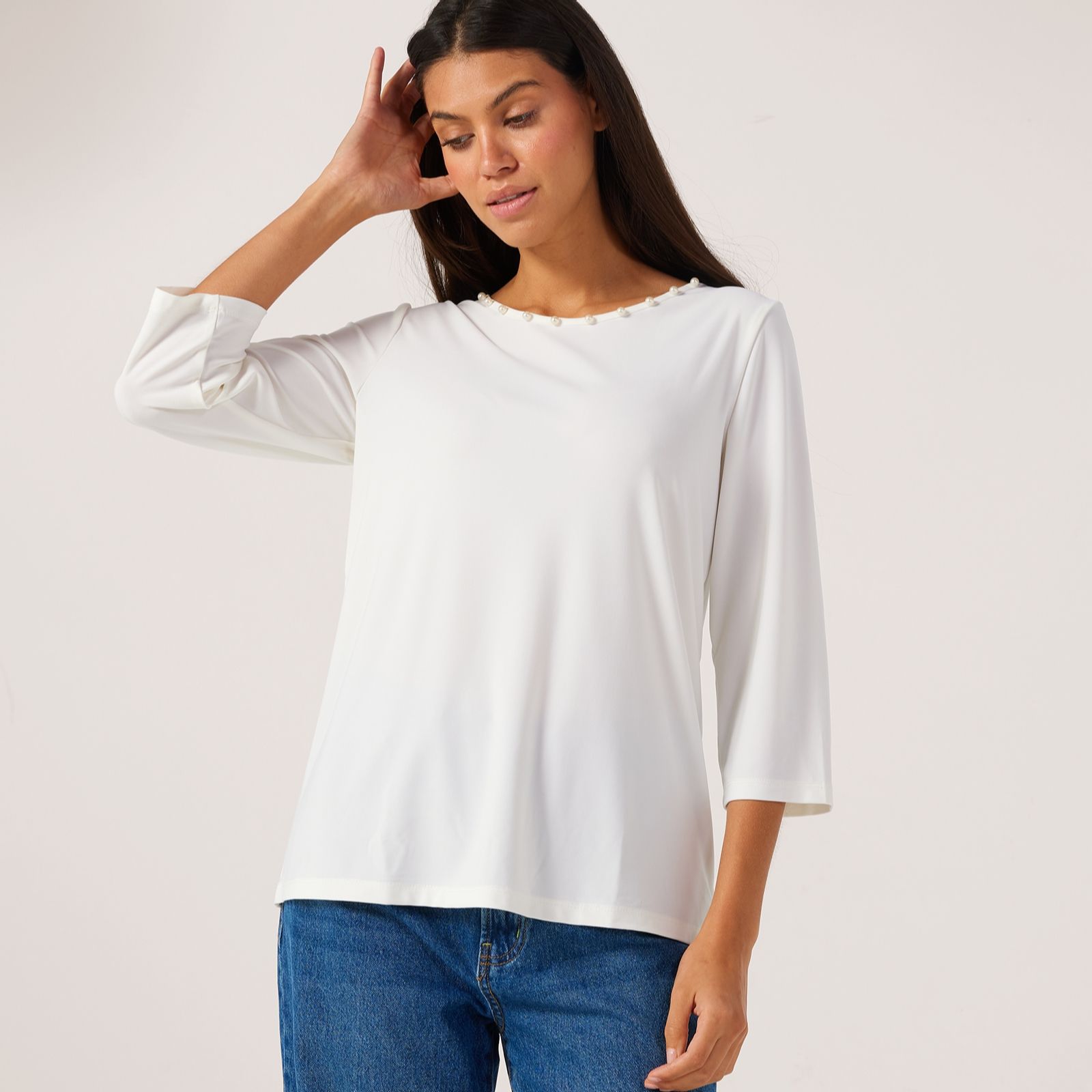 Kim & Co Deluxe Brazil Jersey Three-quarter Sleeve Pearl Top