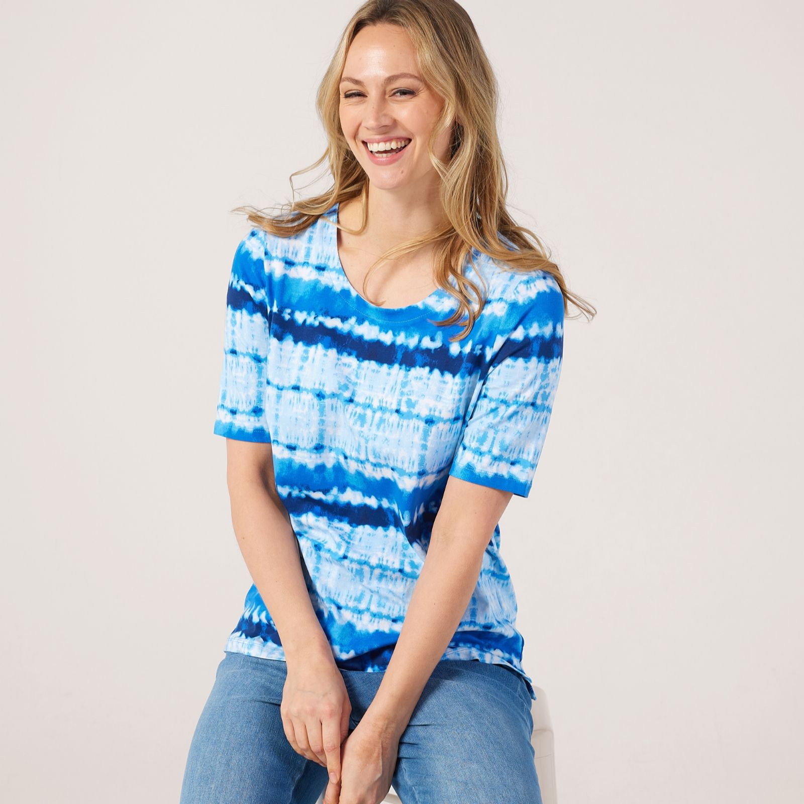 Denim & Co. Printed Jersey Elbow Sleeve Scoop Neck Top