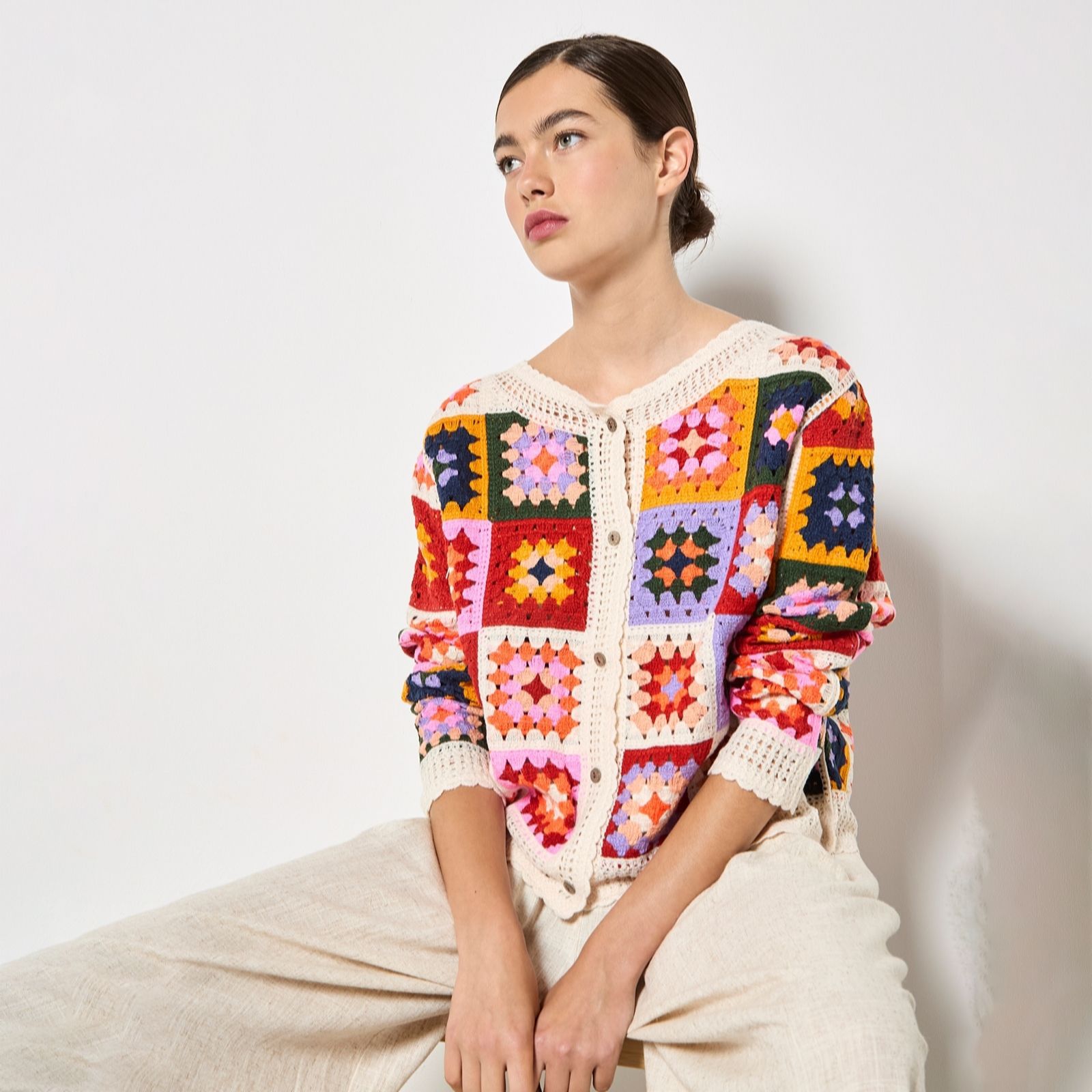 Apricot Bright Crochet Squares Cardigan