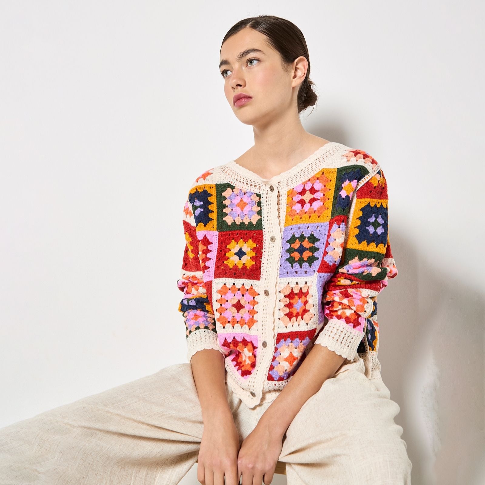 Apricot Bright Crochet Squares Cardigan