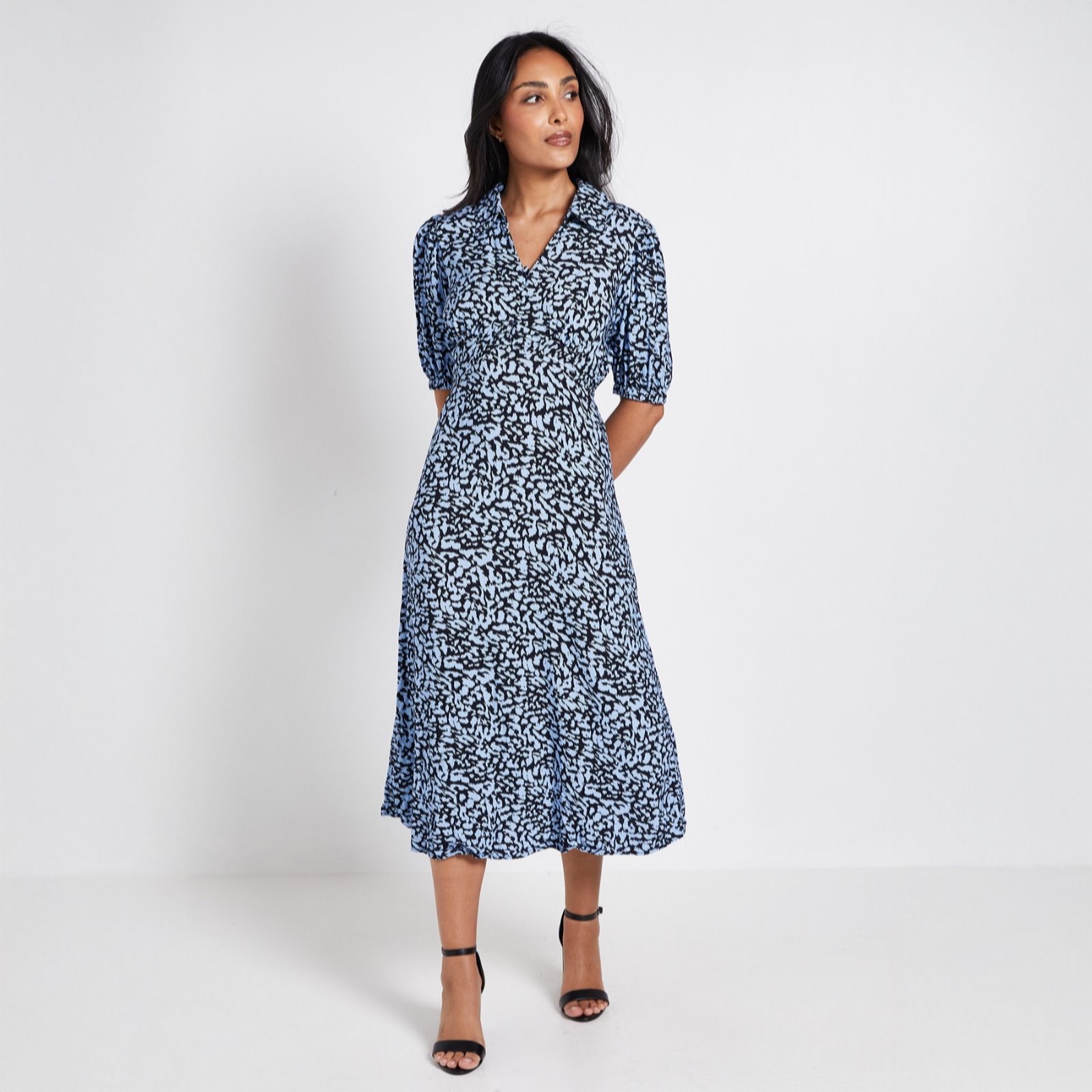 Dorothy Perkins Petite Collared Button Detail Puff Sleeve Midi Dress