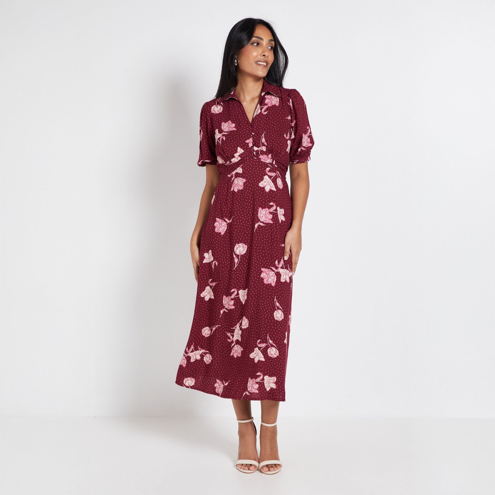 Dorothy Perkins Petite Collared Button Detail Puff Sleeve Midi Dress