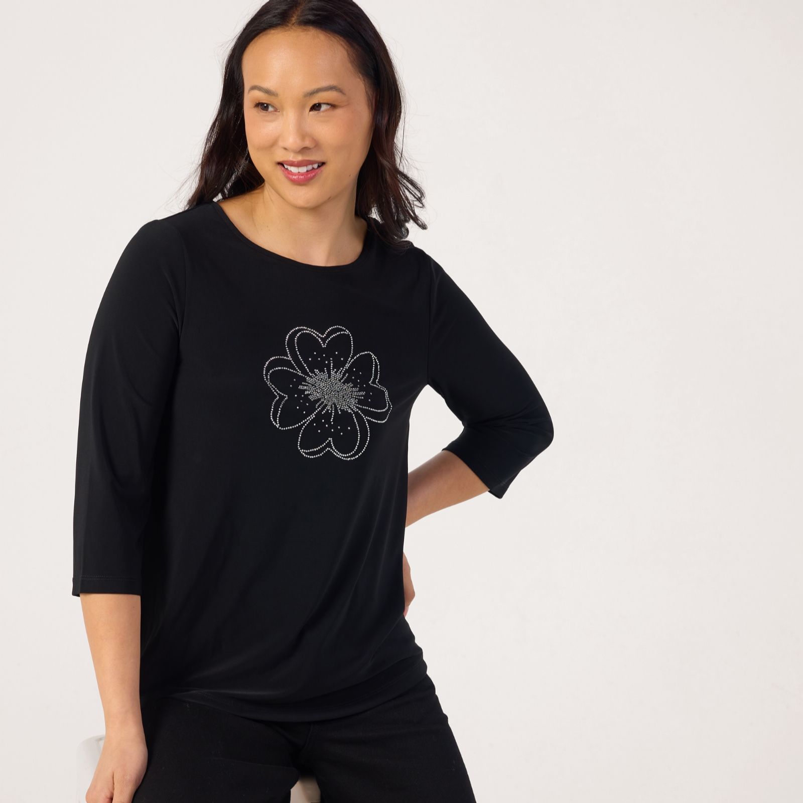 Kim & Co Deluxe Brazil Jersey 3/4 Sleeve Rhinestone Flower Top