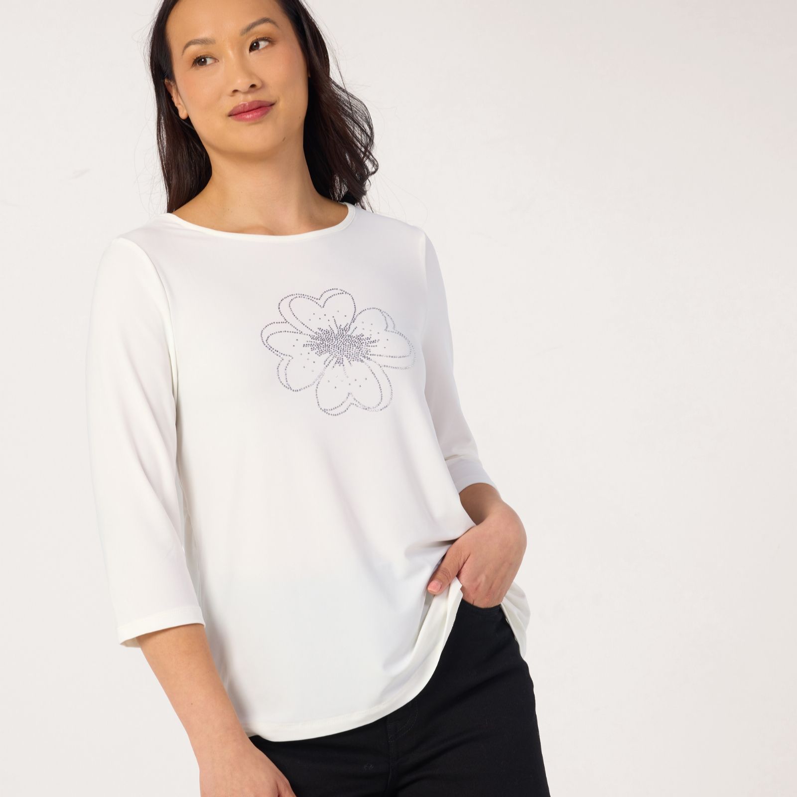 Kim & Co Deluxe Brazil Jersey 3/4 Sleeve Rhinestone Flower Top