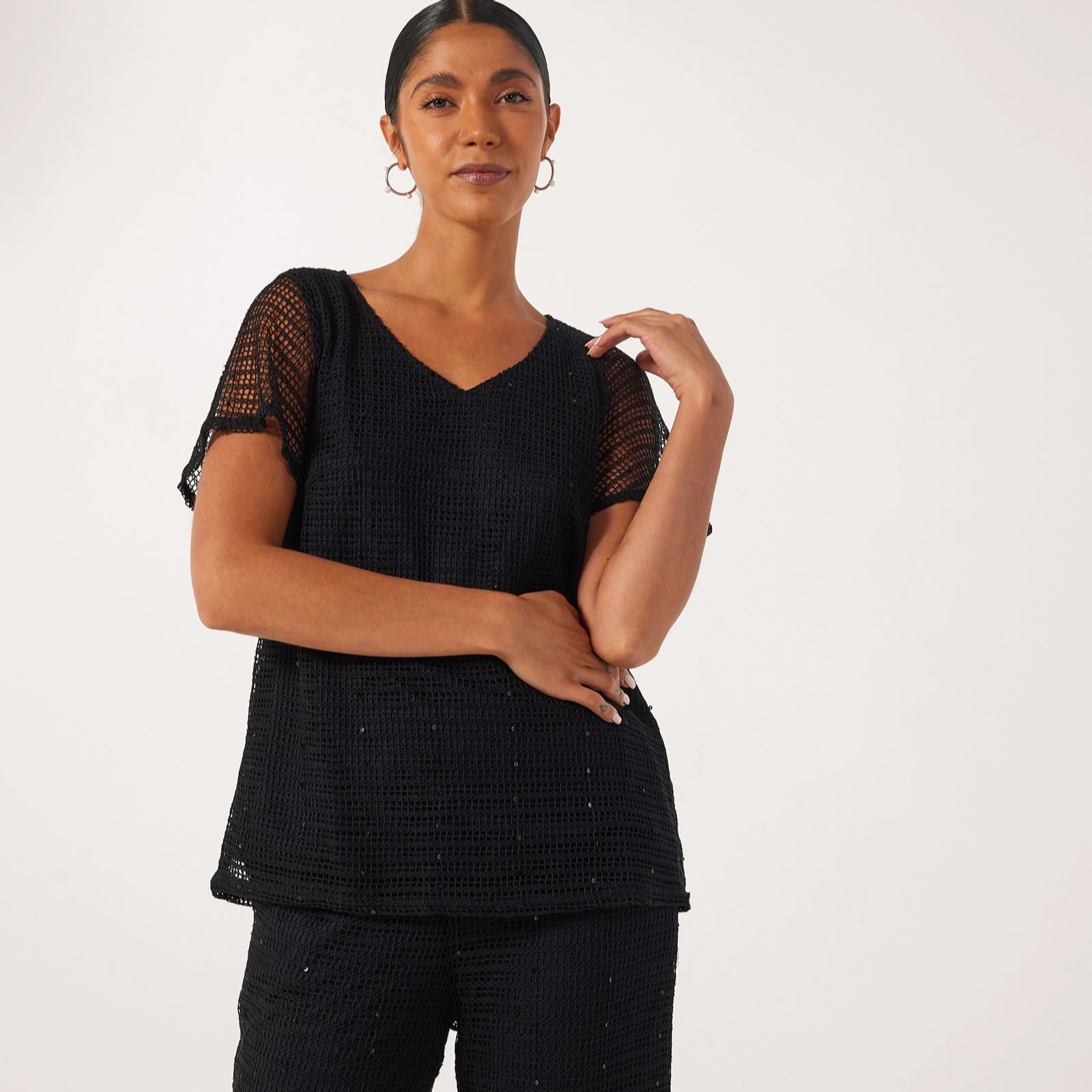 NL V Neck Flutter Sleeve Novelty Knit Top With Lining