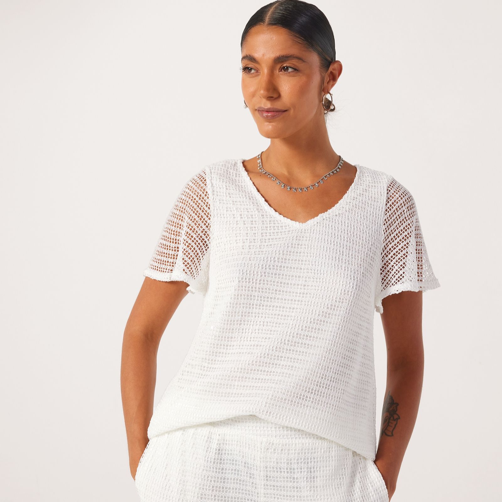 NL V Neck Flutter Sleeve Novelty Knit Top With Lining