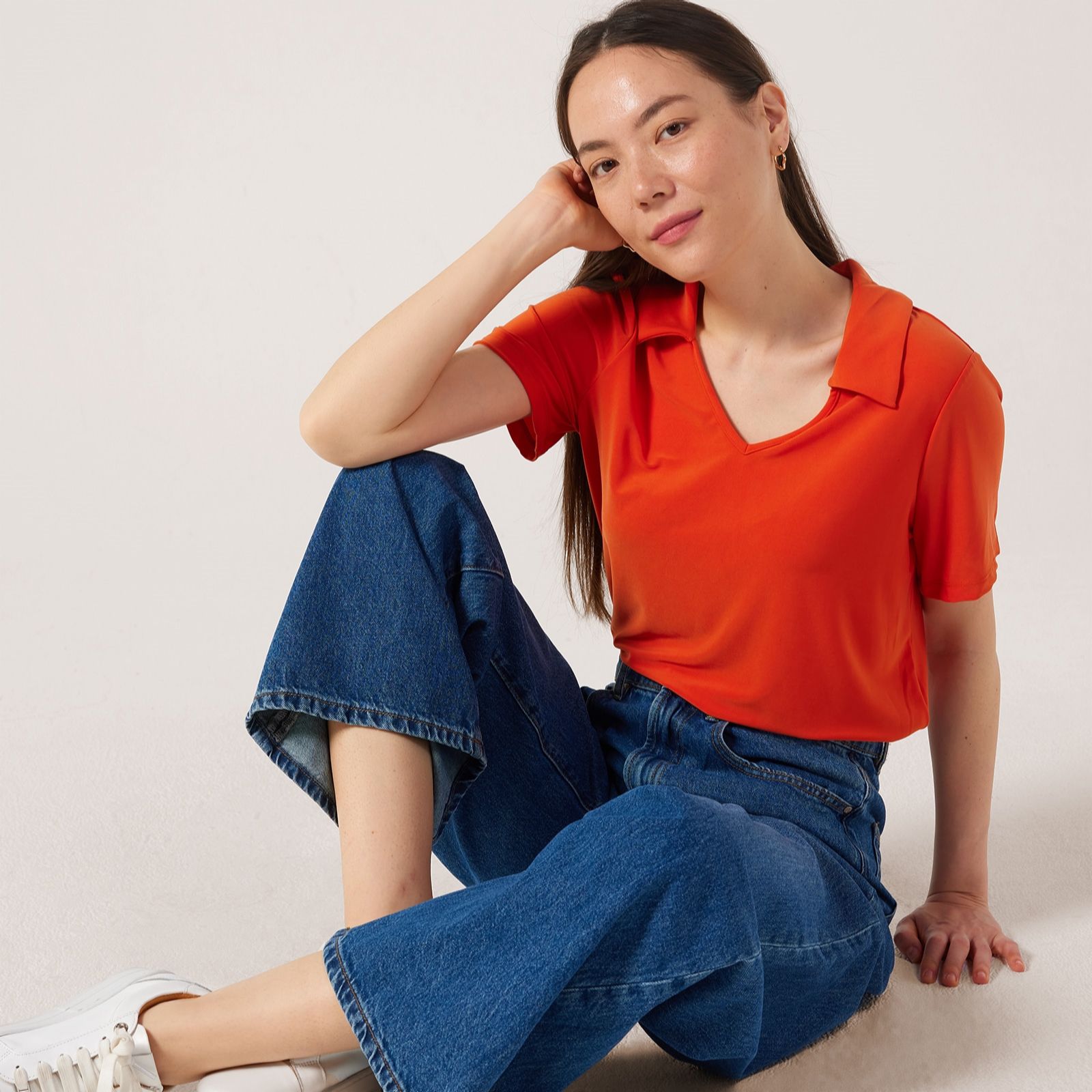 Kim & Co Deluxe Brazil Jersey Short Sleeve Johnny Collar Top