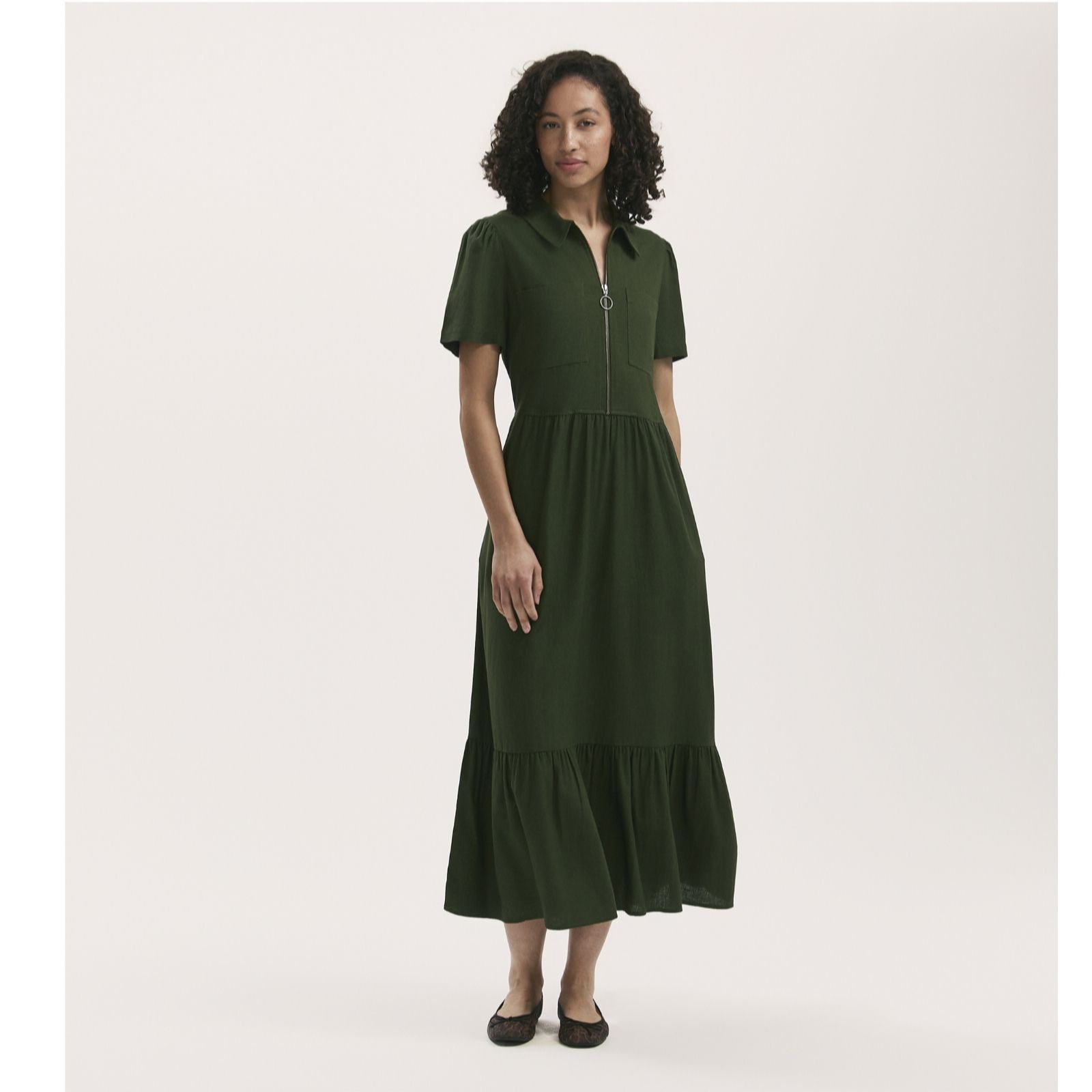Finery London Tania Linen Viscose Mix Dress with Zip Collar