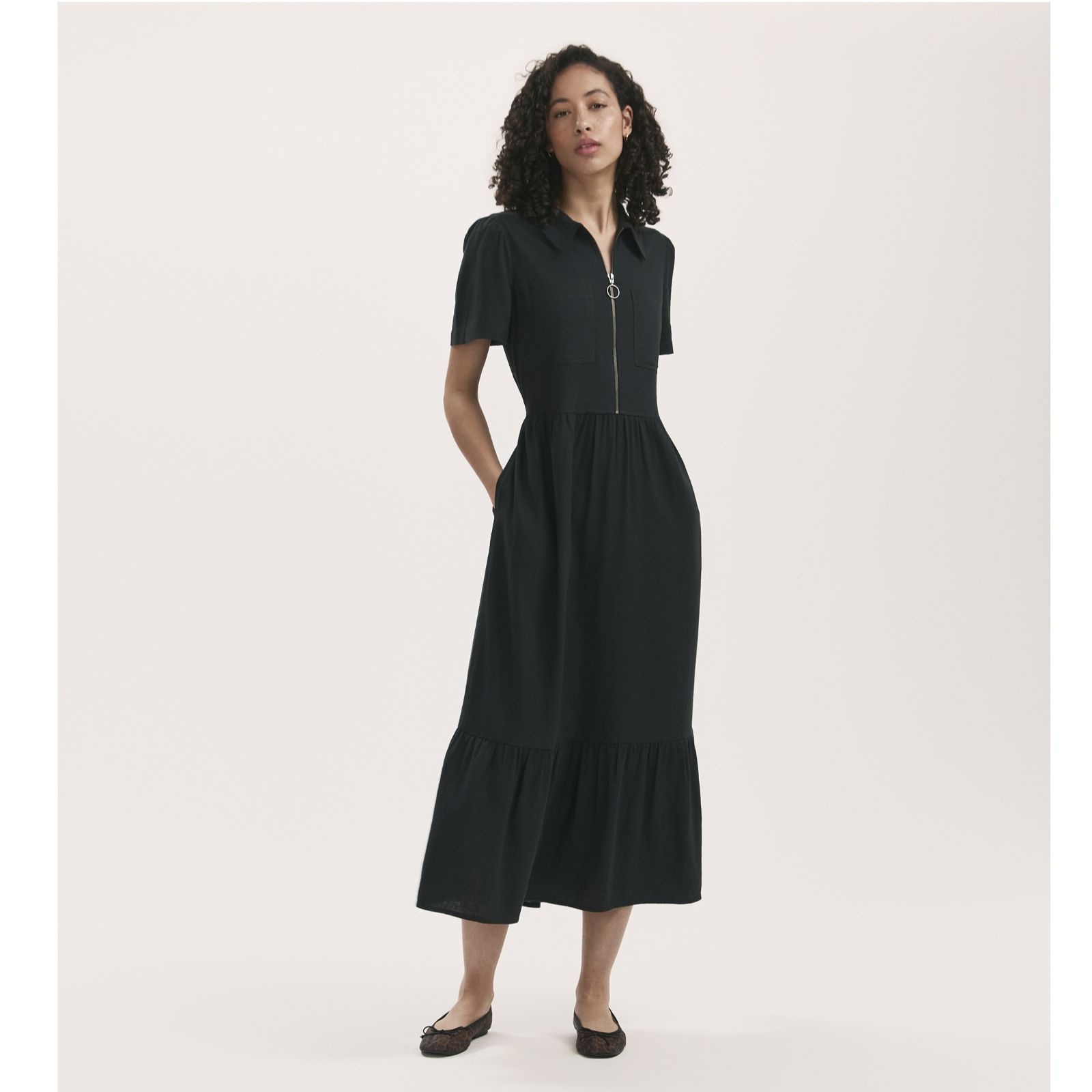 Finery London Tania Linen Viscose Mix Dress with Zip Collar