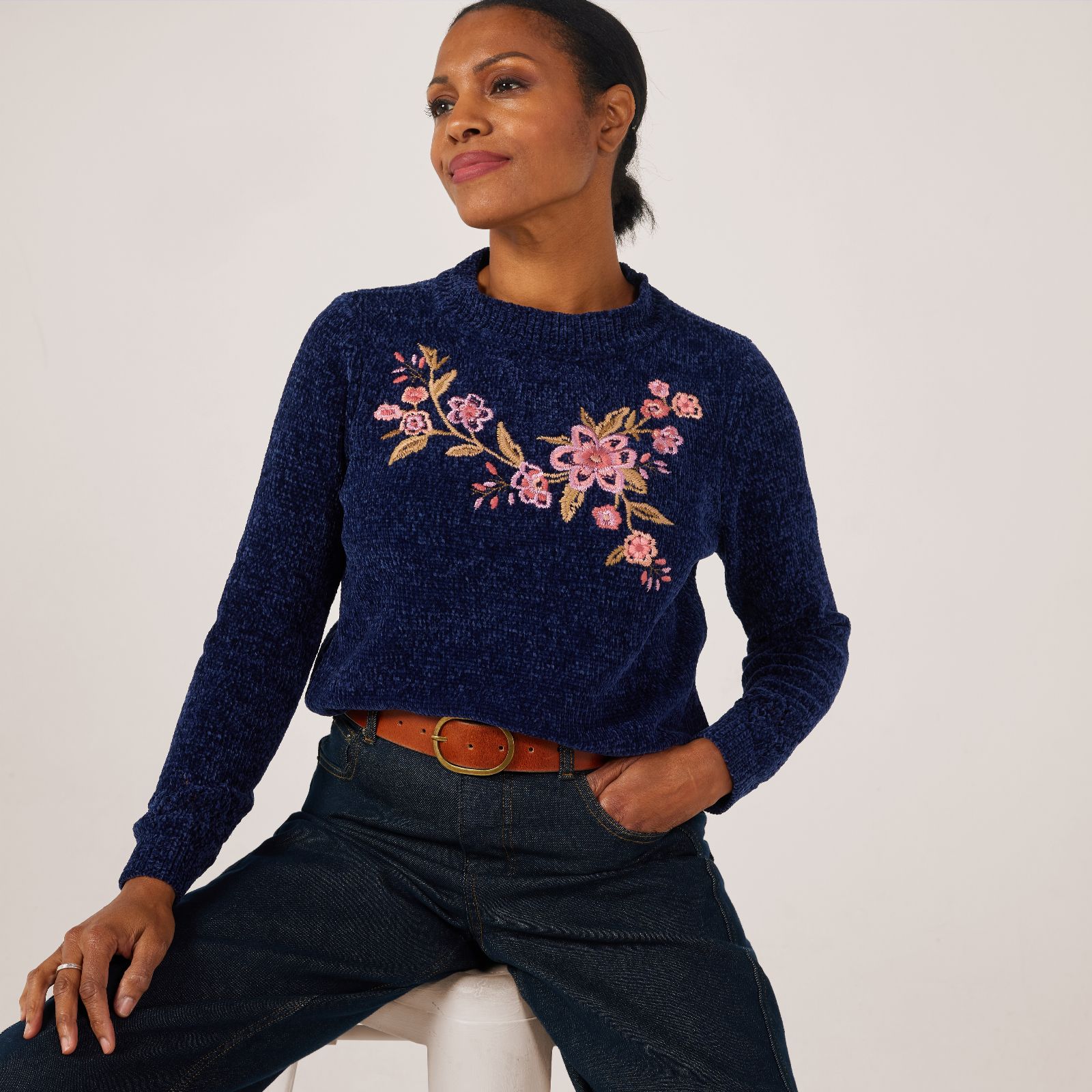 Nina Leonard Embroidered Chenille Knit Jumper