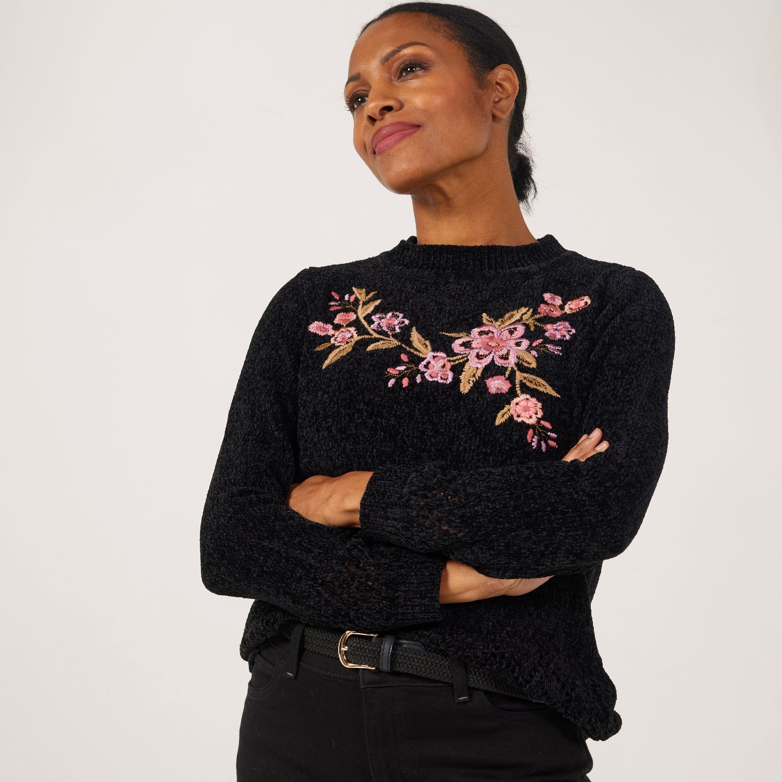 Nina Leonard Embroidered Chenille Knit Jumper