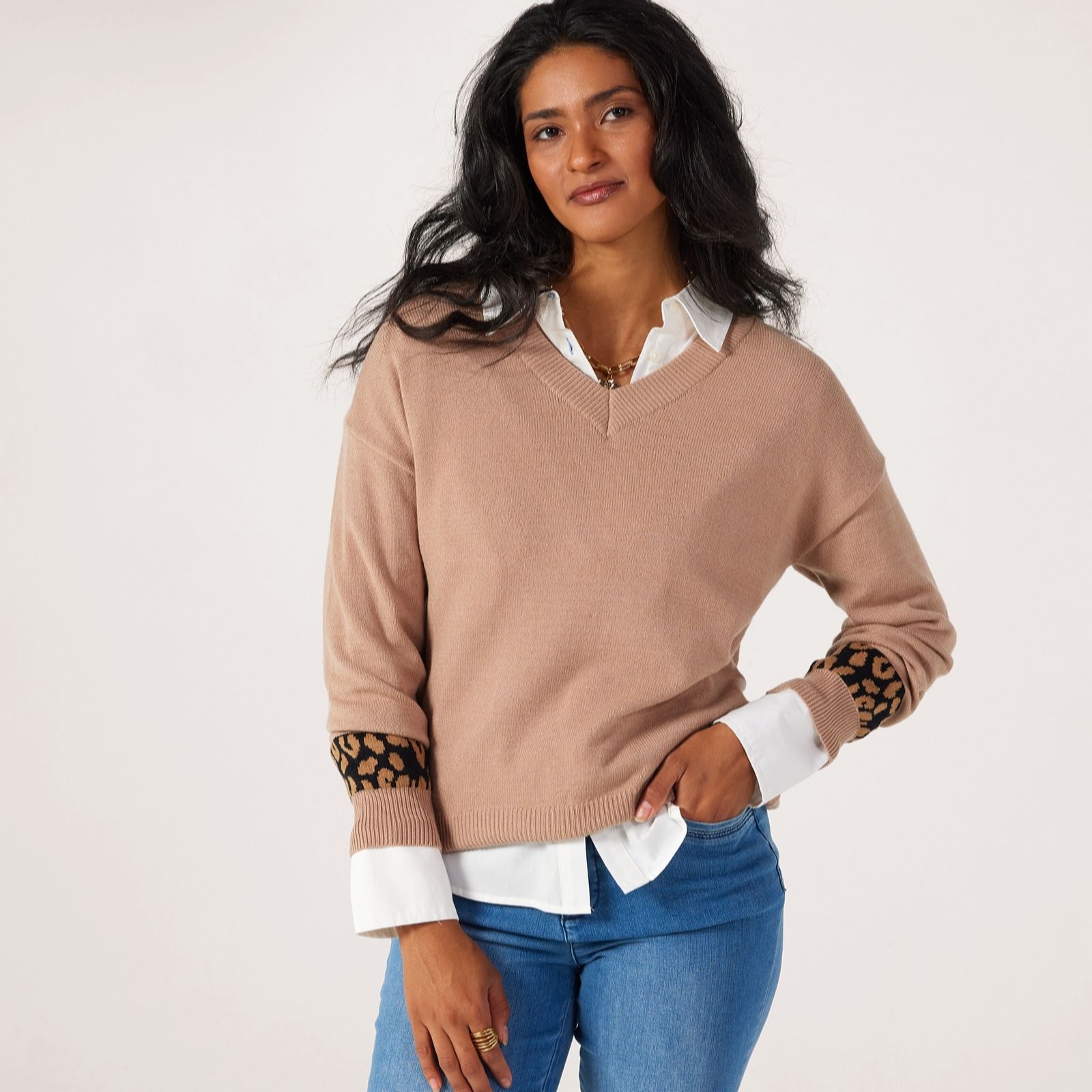 Frank Usher V-Neck Knitted Jumper With Leopard Print Stripes